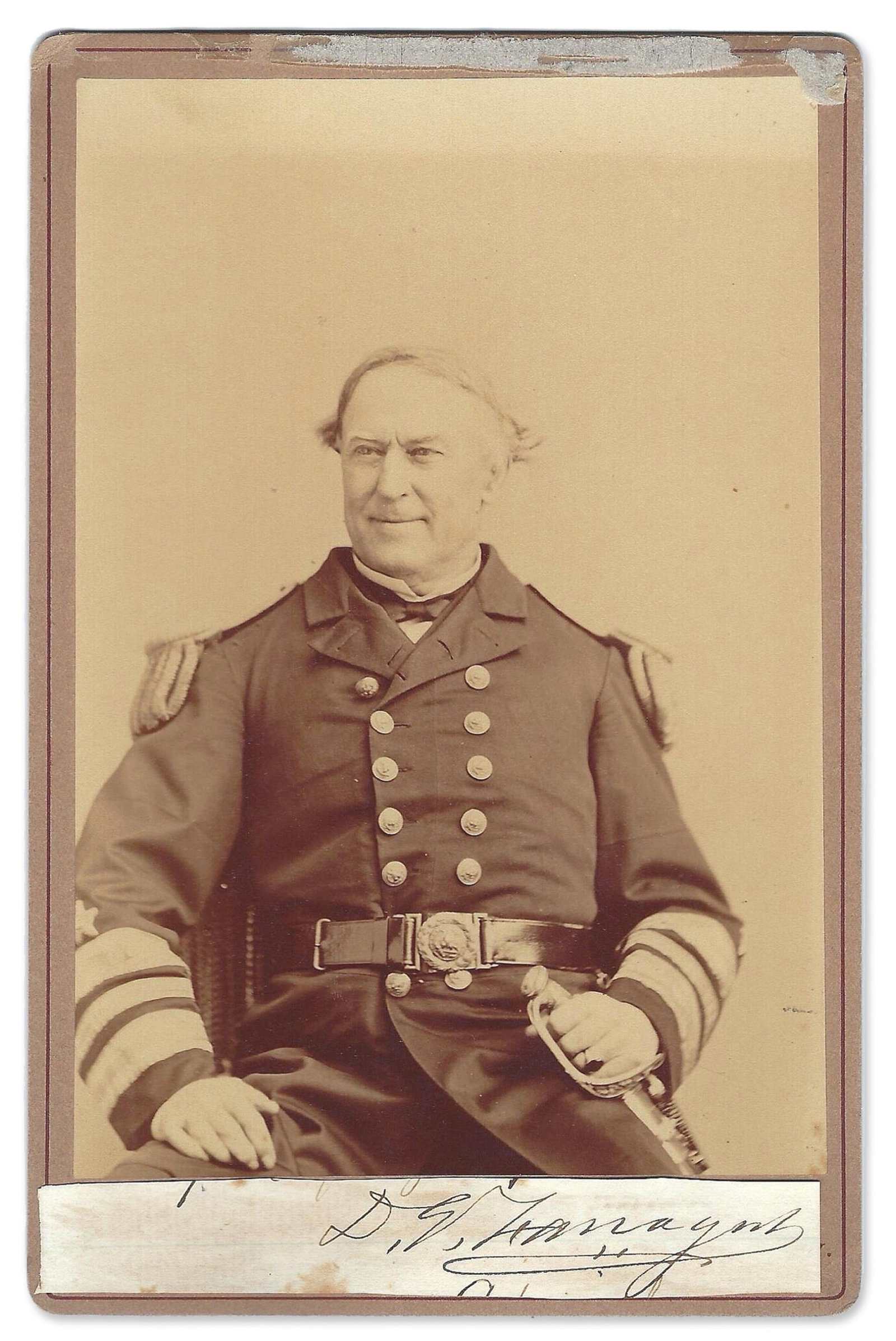 David Farragut Cabinet Card with a Mounted Signature: David G. Farragut n.p., n.d. David Farragut Cabinet Card with a Mounted Signature Cabinet card David G. Farragut studio cabinet card. 4.25" x 6.5"; no place, no date. Seated pose of Admiral Farragut i