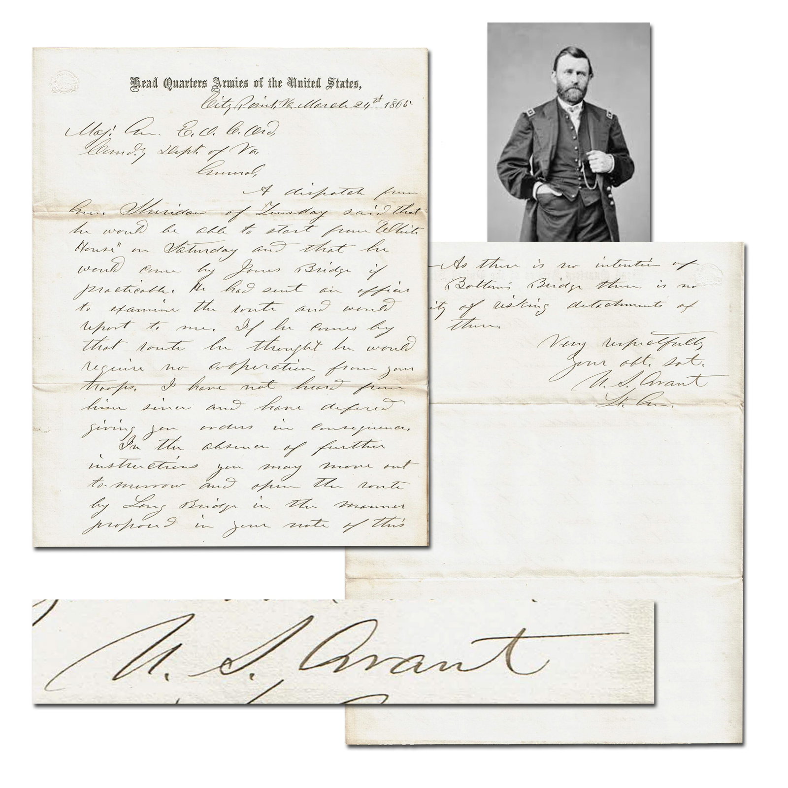U.S. Grant ALS: Final Push of the Civil War, 16 Days Before Surrender: Ulysses Grant City Point, VA, March 24, 1865 U.S. Grant ALS: Final Push of the Civil War, 16 Days Before Surrender ALS Ulysses S. Grant (1822-1885). Autograph letter signed, "U.S. Grant," 2pp, on bifo