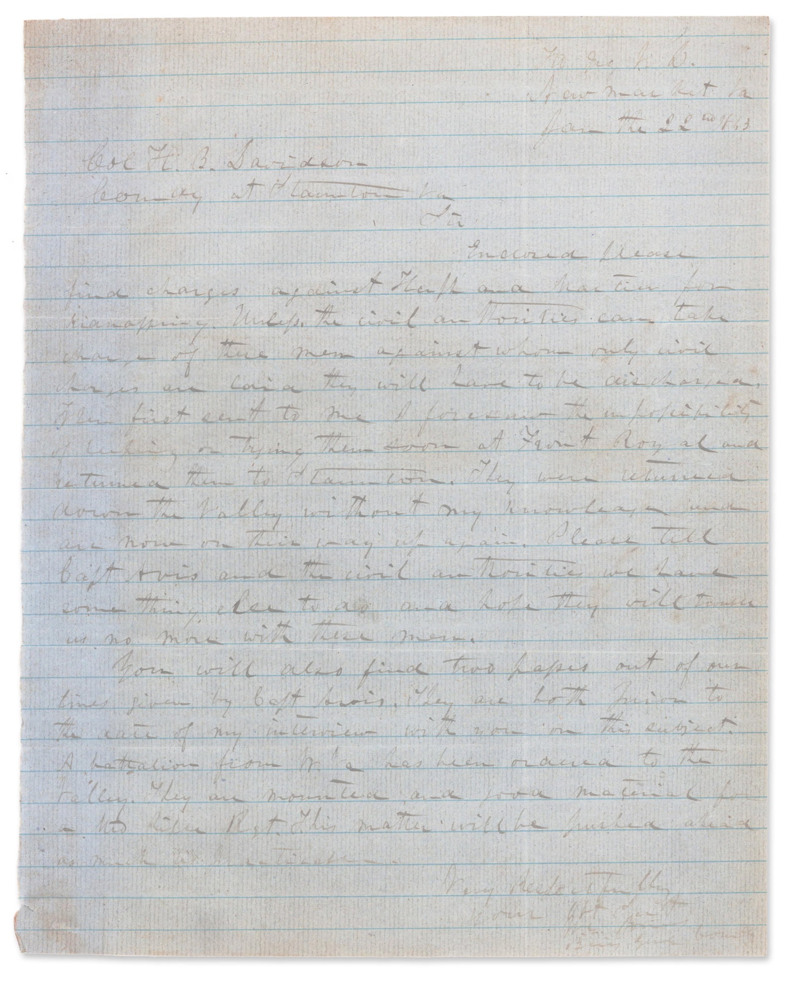 Grumble Jones ALS re: Arrest of Kidnappers & Detailing of a Battalion to the Shenandoah Valley (1 of 2)