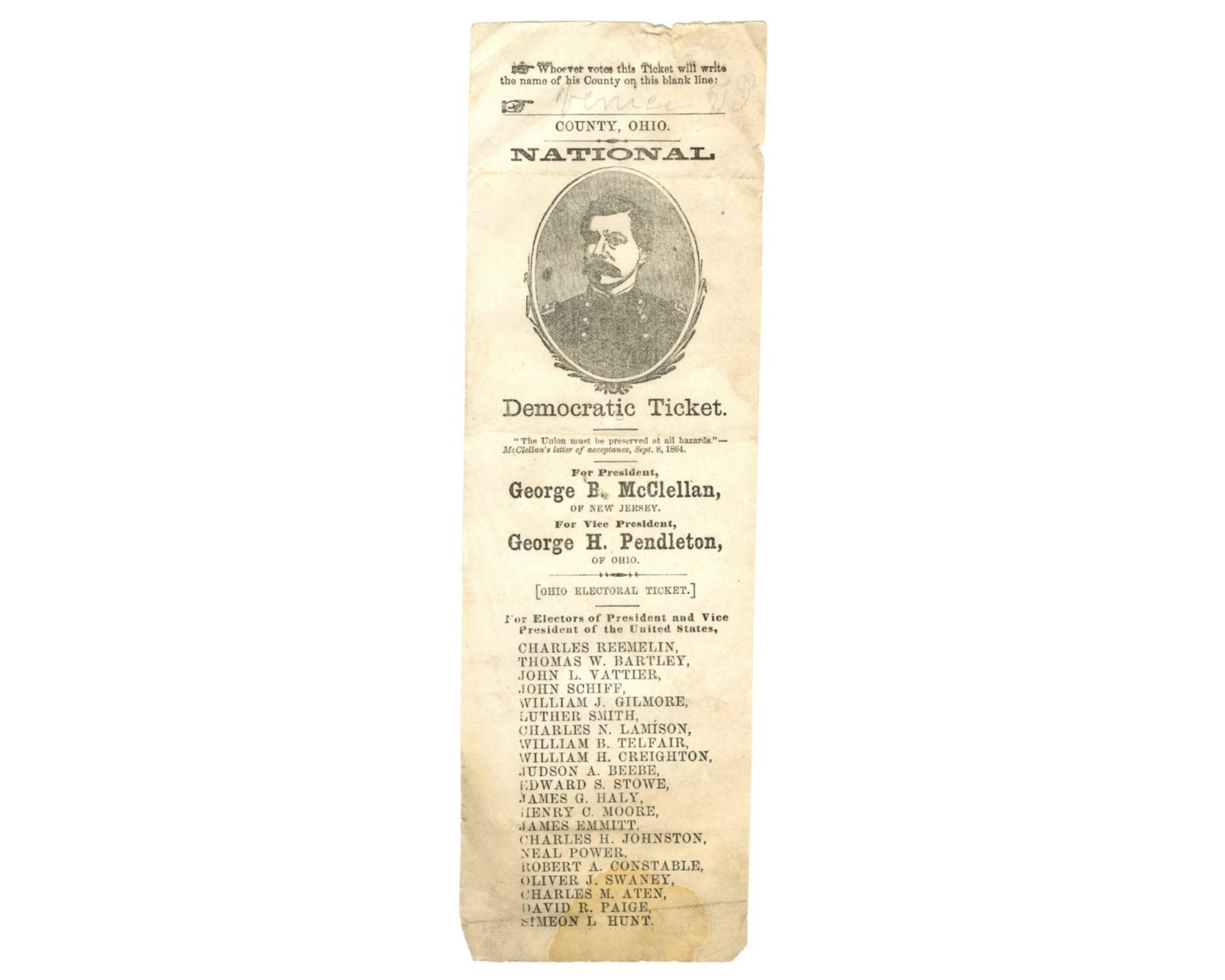 George McClellan for President in 1864! A Soldier's Used Mail-In Ballot from Ohio (1 of 2)