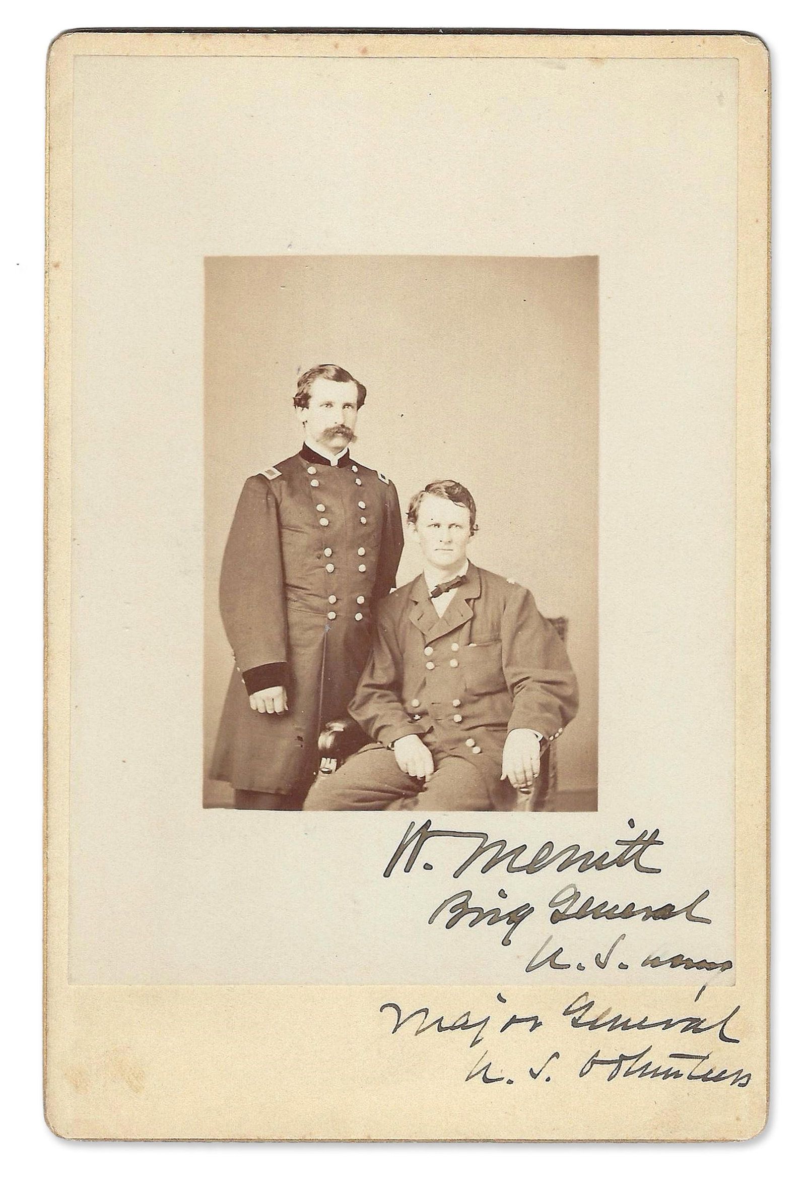 Wesley Merritt and Martin Hardin Cabinet Card of a Brady Photo Signed by Merritt: Wesley Merritt n.p., n.d. Wesley Merritt and Martin Hardin Cabinet Card of a Brady Photo Signed by Merritt Signed photograph Wesley Merritt signed cabinet card. 4.25" x 6.375"; no place, no date. An e