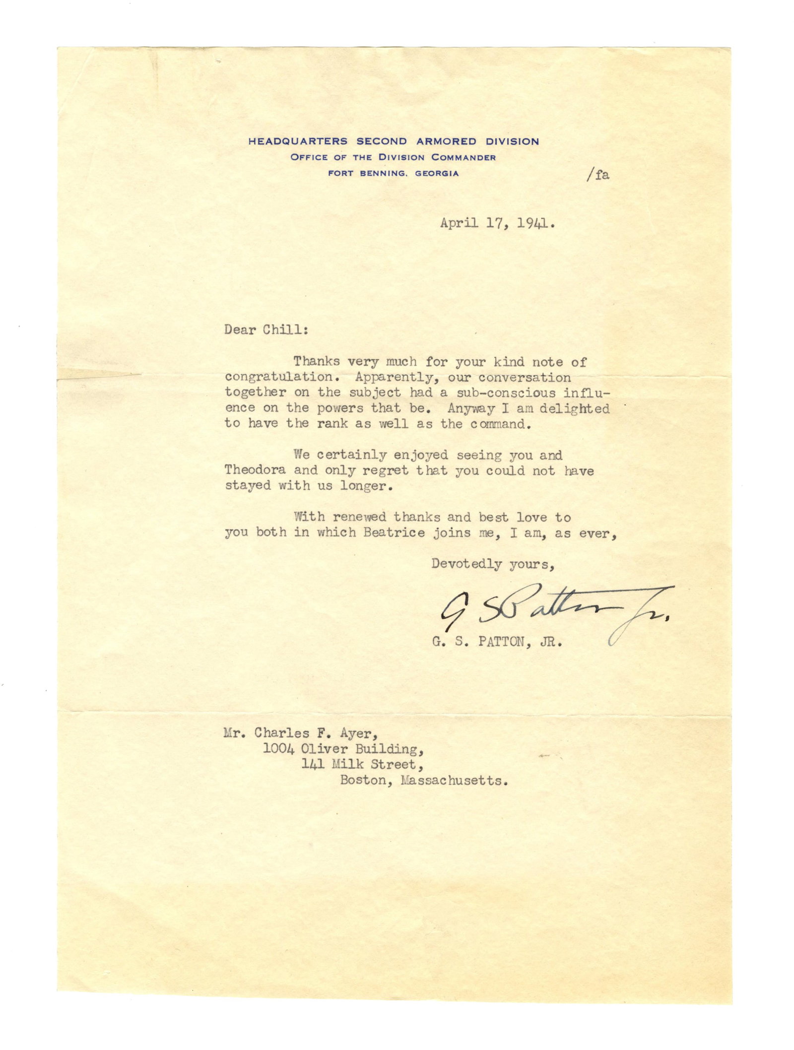 George S. Patton Exciting TLS as Newly Appointed Major General of 2nd Armored Division, "Hell on (1 of 3)