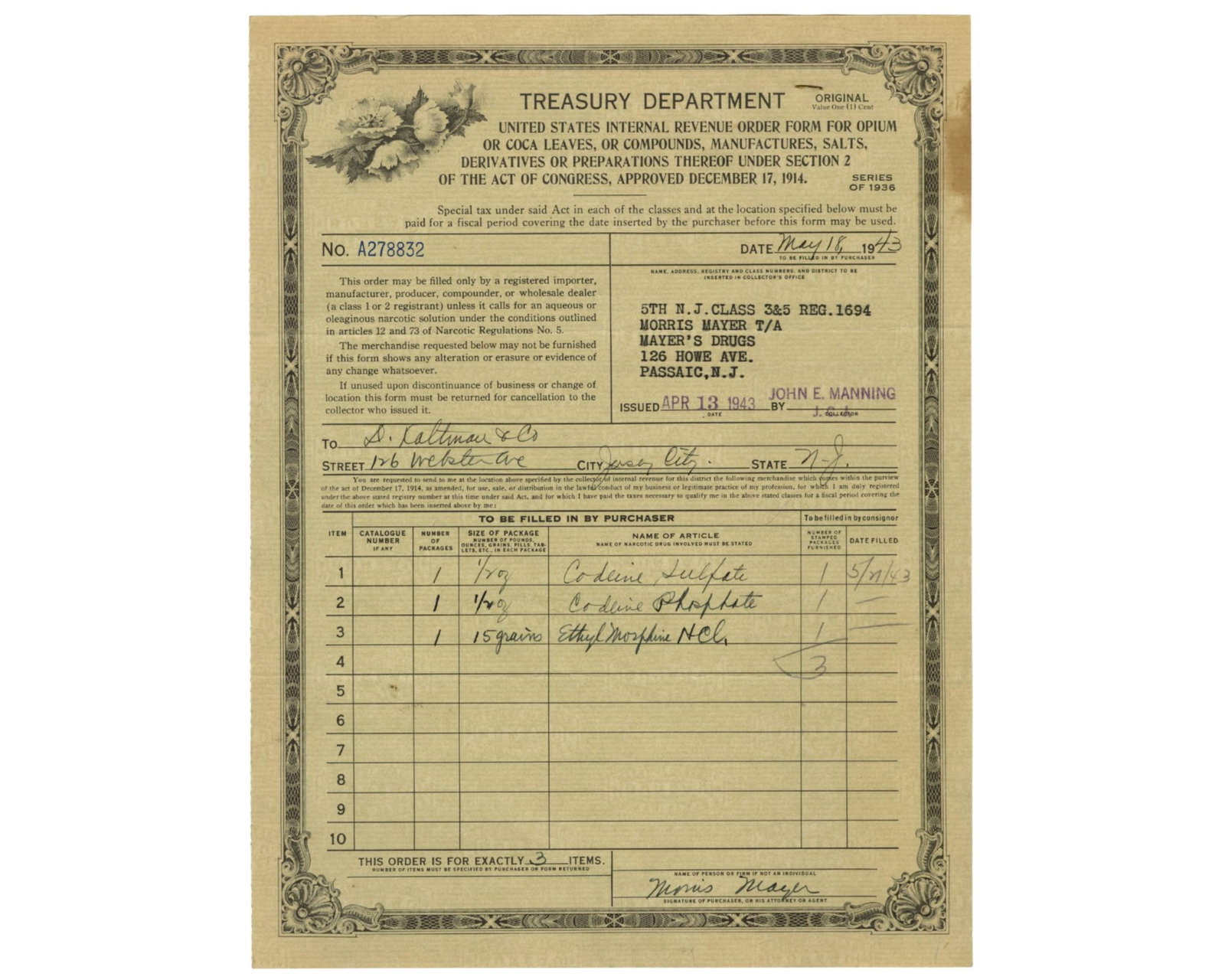 WWII Era Coca / Opium & Narcotic Order Form for U.S. Treasury Dept!: United States Treasury Washington DC, May 18, 1943 WWII Era Coca / Opium & Narcotic Order Form for U.S. Treasury Dept! Document Original United States Treasury Department “Internal Revenue Order