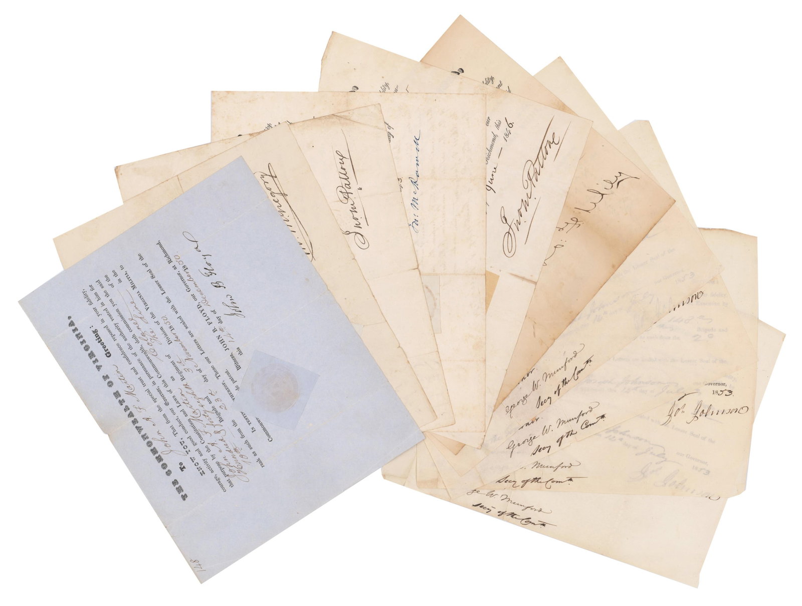 (10) Pre-Civil War Virginia Militia Commissions Signed by Governors, 1842-53: Antebellum Virginia Richmond, VA, ca. 1842-1853 (10) Pre-Civil War Virginia Militia Commissions Signed by Governors, 1842-53 Archive A collection of ten partial printed military commissions for the Vi