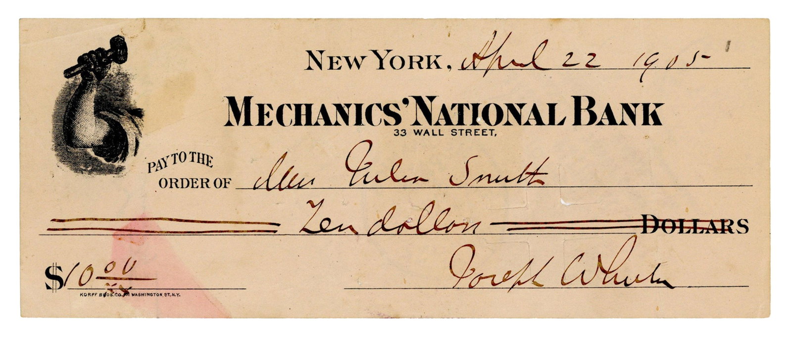 Joseph Wheeler Signed Check Dated 44 Years To The Day After His Resignation from U.S. Army was: Joseph Wheeler [New York, NY], April 22, 1905 Joseph Wheeler Signed Check Dated 44 Years To The Day After His Resignation from U.S. Army was Accepted in 1861! DS A check signed by former Confederate G