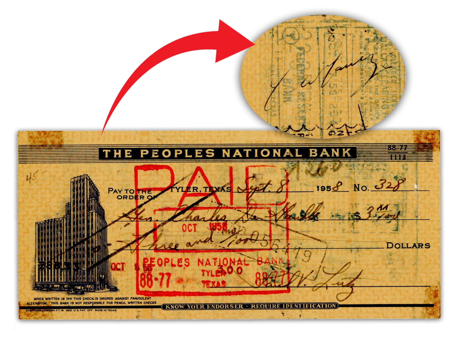 Charles de Gaulle Rare & Desirable Signed Check, With TX Autograph Collector Connection!: Charles De Gaulle Tyler, TX, September 8, 1958 Charles de Gaulle Rare & Desirable Signed Check, With TX Autograph Collector Connection! DS A check endorsed on the reverse by former Free French command