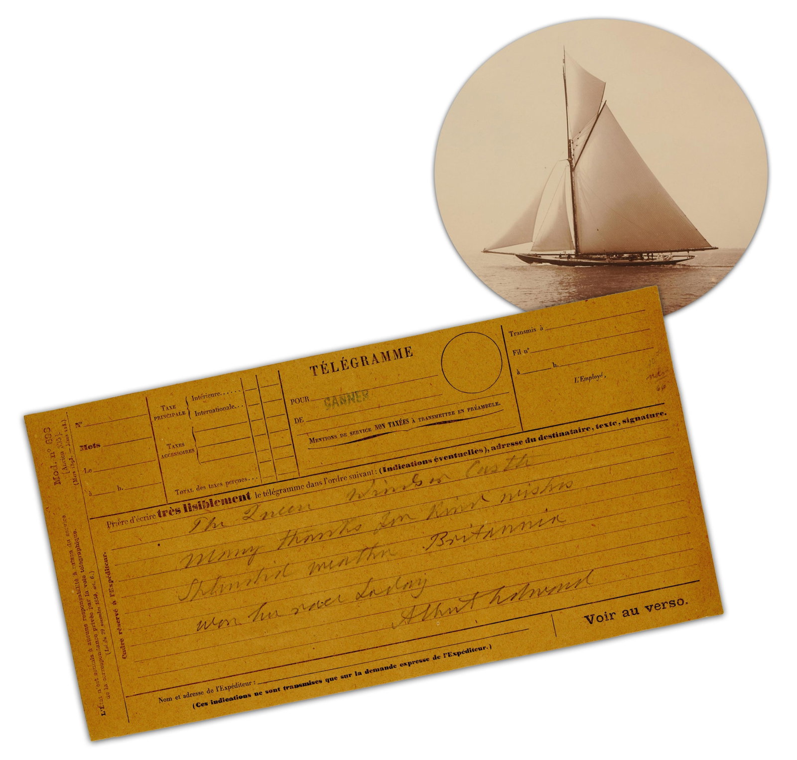 Prince of Wales Signed French Telegram Addressed to Queen Victoria Re: Yacht Race Win! (1 of 3)