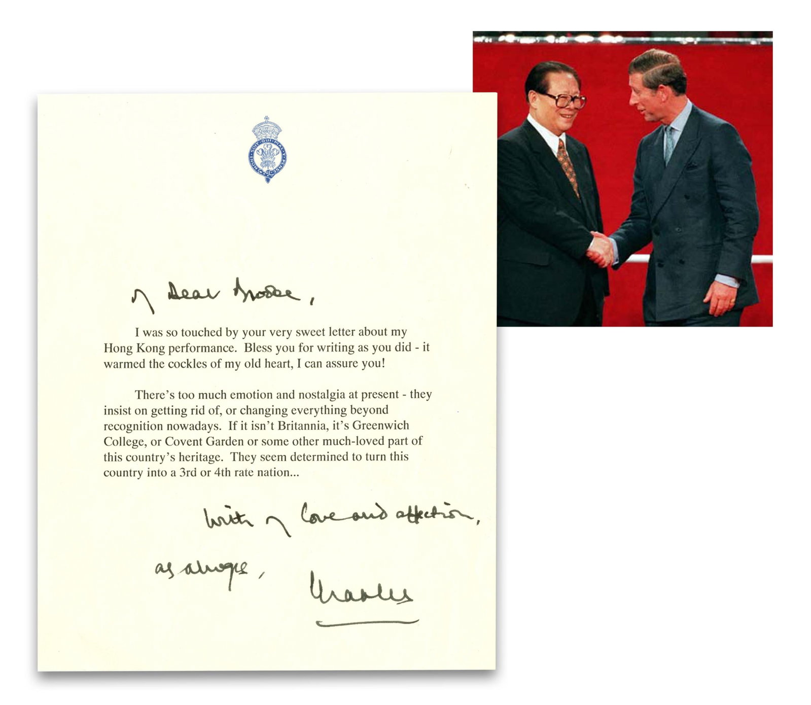 Prince Charles TLS re: Handover of Hong Kong, Marking End of British Empire! (1 of 3)