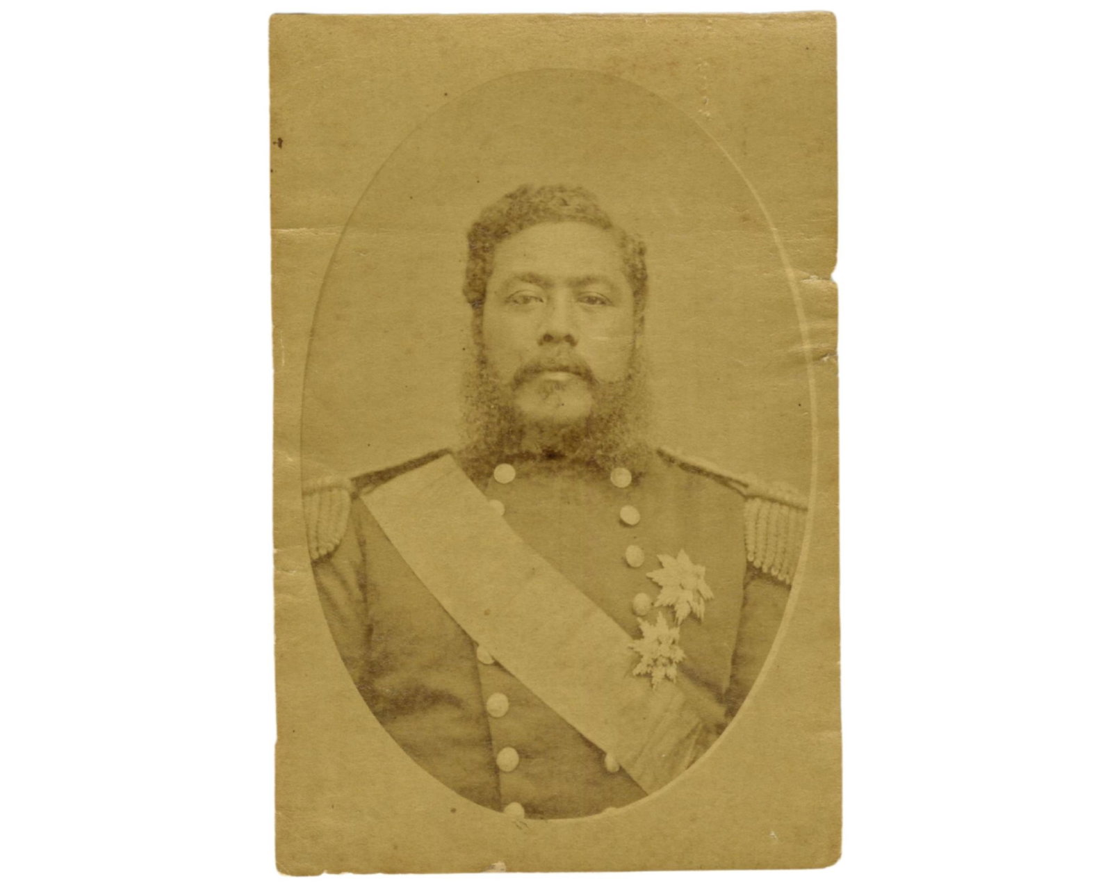 Rare King Kalakaua Albumen Photograph: King Kalakaua Kingdom of Hawaii, ca. 1874-1891 Rare King Kalakaua Albumen Photograph Signed photograph Original sepia-toned unmounted albumen photograph depicting King Kalakaua of Hawaii in a formal s