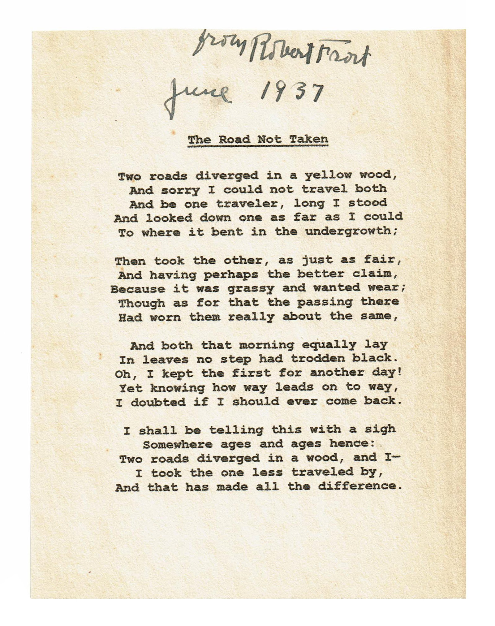 Robert Frost Signed Souvenir Printing of "The Road Not Taken" (1 of 2)