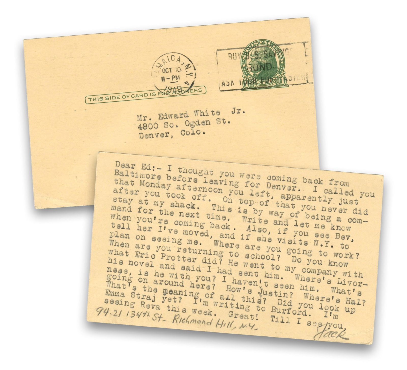 Jack Kerouac TLS on Moving to Queens, Where He Would Write "Maggie Cassidy" & "The Subterraneans" (1 of 3)