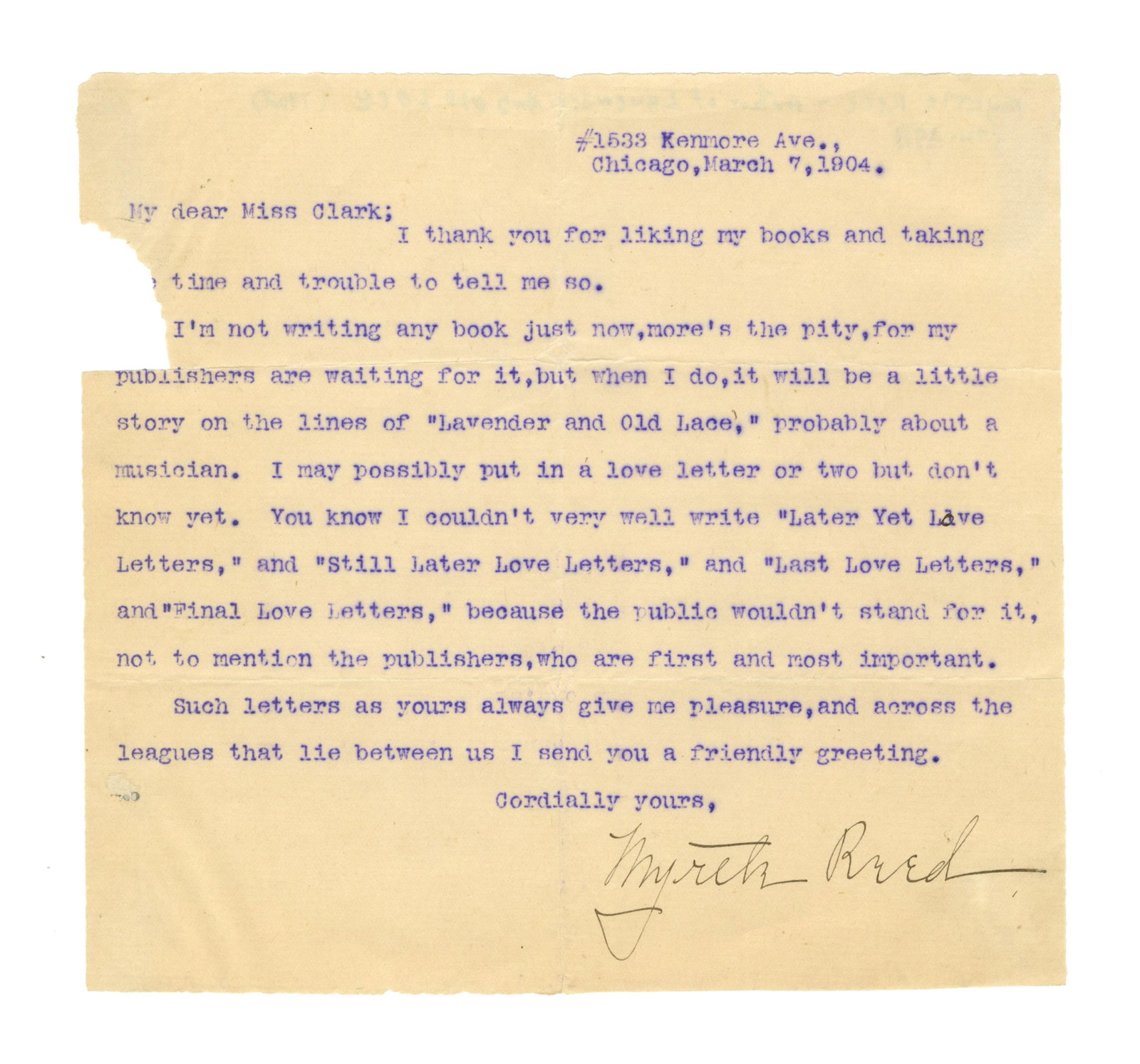 Myrtle Reed TLS re: "Lavender & Old Lace" and Collections of Love Letters (1 of 2)