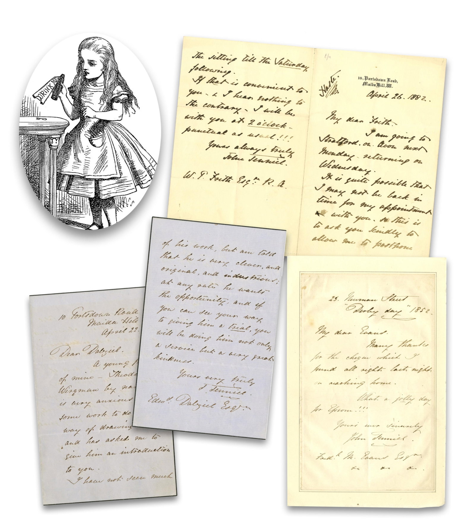 Alice in Wonderland Illustrator John Tenniel Lot of 3 ALS, Fantastic Art Content!: John Tenniel [London, England], ca. 1852-1882 "Alice in Wonderland" Illustrator John Tenniel Lot of 3 ALS, Fantastic Art Content! Archive A collection of three autographed letters from cartoonist John