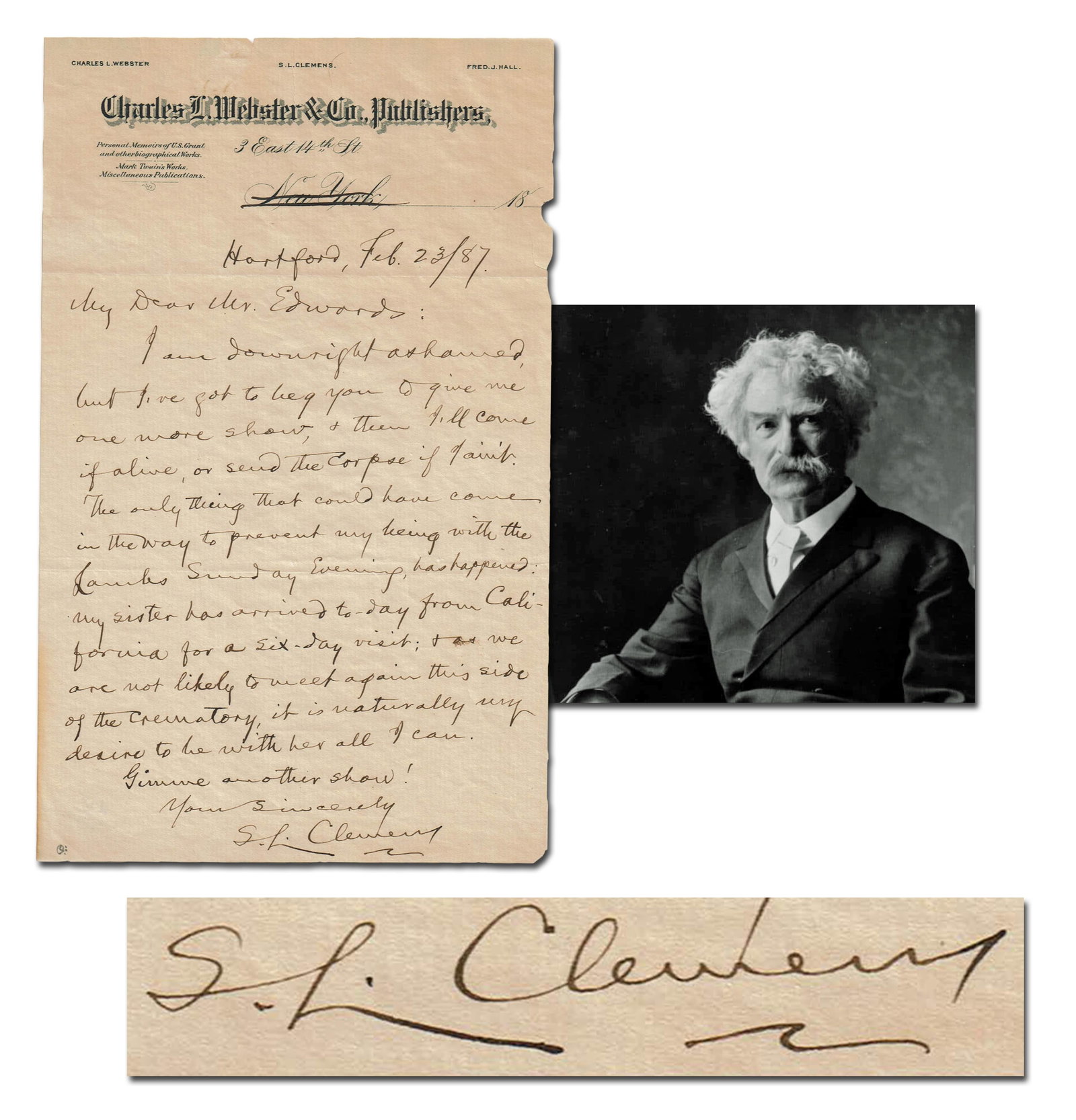 Mark Twain, Who Has Said, "The report of my death was an exaggeration." ALS on his Death &: Mark Twain Hartford, CT, February 23, 1887 Mark Twain, Who Has Said, "The report of my death was an exaggeration." ALS on his Death & Cremation! Ex-Sotheby's, Ex-Christie's ALS Samuel L. Clemens