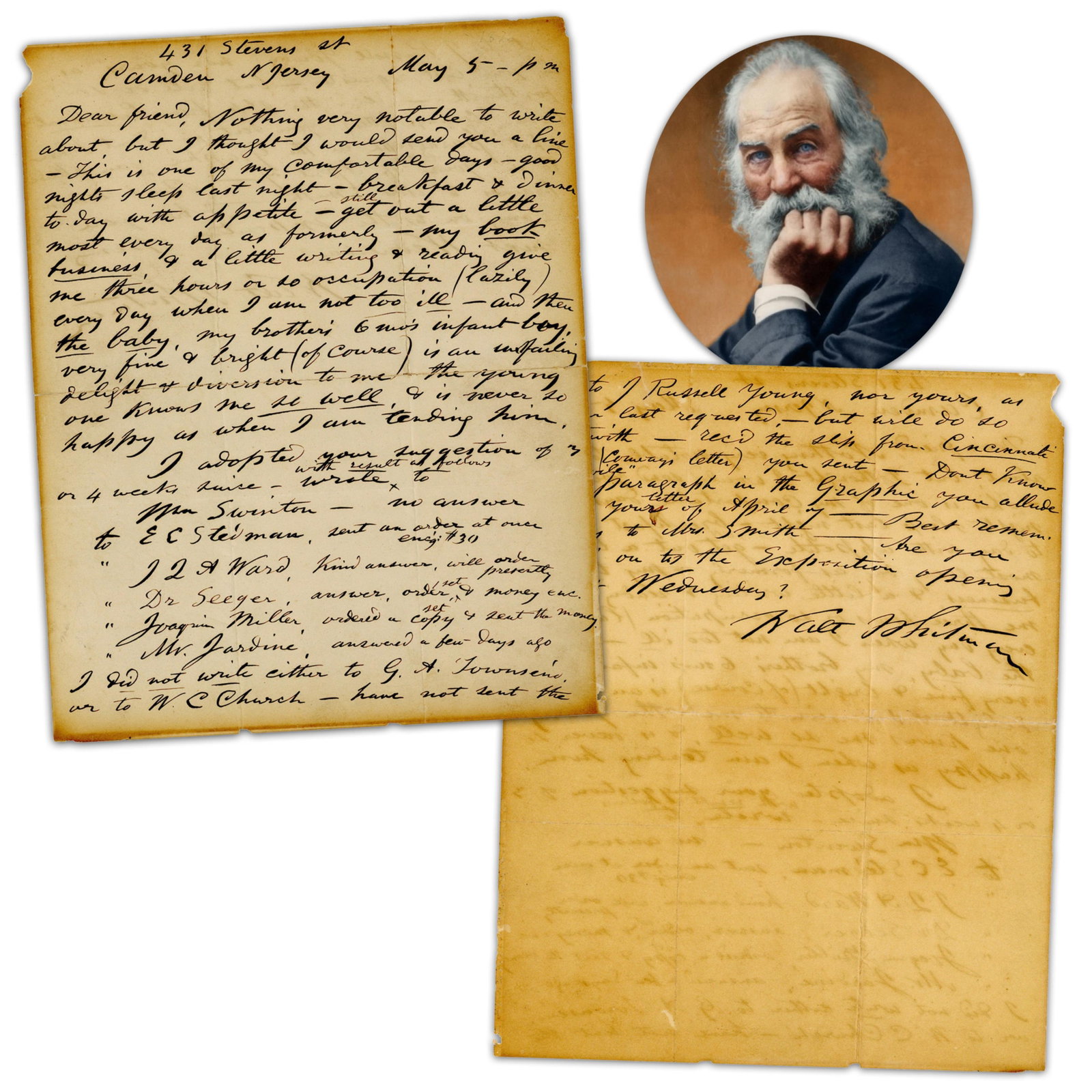 Walt Whitman Lengthy ALS: "my book business, + a little writing" Re: 1876 "Leaves of Grass" Orders: Walt Whitman Camden, NJ, May 5, [1876] Walt Whitman Lengthy ALS: "my book business, + a little writing" Re: 1876 "Leaves of Grass" Orders Plus Fellow Poet Joaquin Miller! ALS A 2pp autograph letter