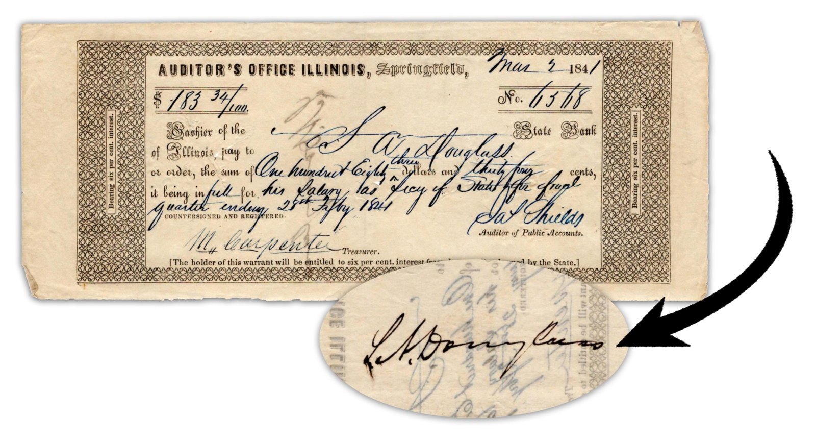 Stephen A. Douglas Endorses Warrant for His Pay as Illinois Secretary of State: Stephen Douglas Springfield, IL, March 2, 1841 Stephen A. Douglas Endorses Warrant for His Pay as Illinois Secretary of State AES STEPHEN A. DOUGLAS, Autograph Endorsement Signed, on James Shields, Pa