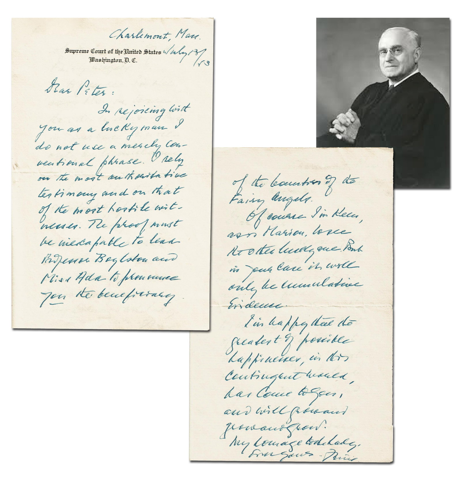 Felix Frankfurter ALS to Son of Archibald MacLeish: "hostile witnesses": Felix Frankfurter Charlemont, MA, July 13, 1953 Felix Frankfurter ALS to Son of Archibald MacLeish: "hostile witnesses" ALS Felix Frankfurter (1882-1965). Autograph letter signed, "Felix," 2pp, on