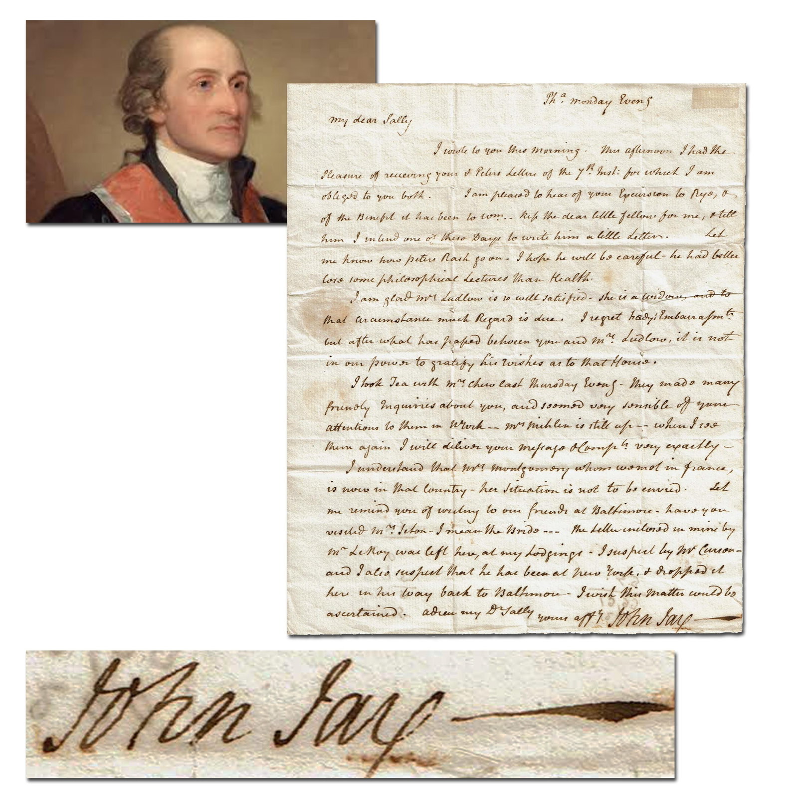 John Jay ALS Recommends Health Over Studies to Son at Columbia, Also French Rev. Content, as Chief: John Jay Philadephia, PA, ca. 1794 John Jay ALS Recommends Health Over Studies to Son at Columbia, Also French Rev. Content, as Chief Justice of the Supreme Court! ALS John Jay (1745-1829). Autograph