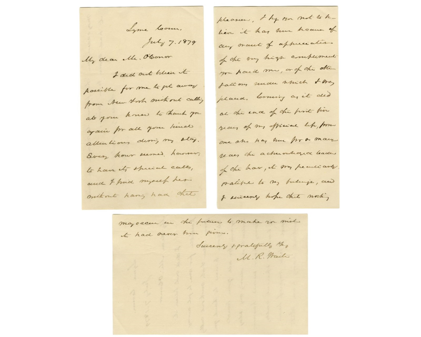 M.R. Waite Supreme Court Justice on Official Life & Being "acknowledged leader of the bar": Morrison Waite Lyme, CT, July 7, 1879 M.R. Waite Supreme Court Justice on Official Life & Being "acknowledged leader of the bar" ALS Autograph Letter Signed by Supreme Court Justice Morrison Remick