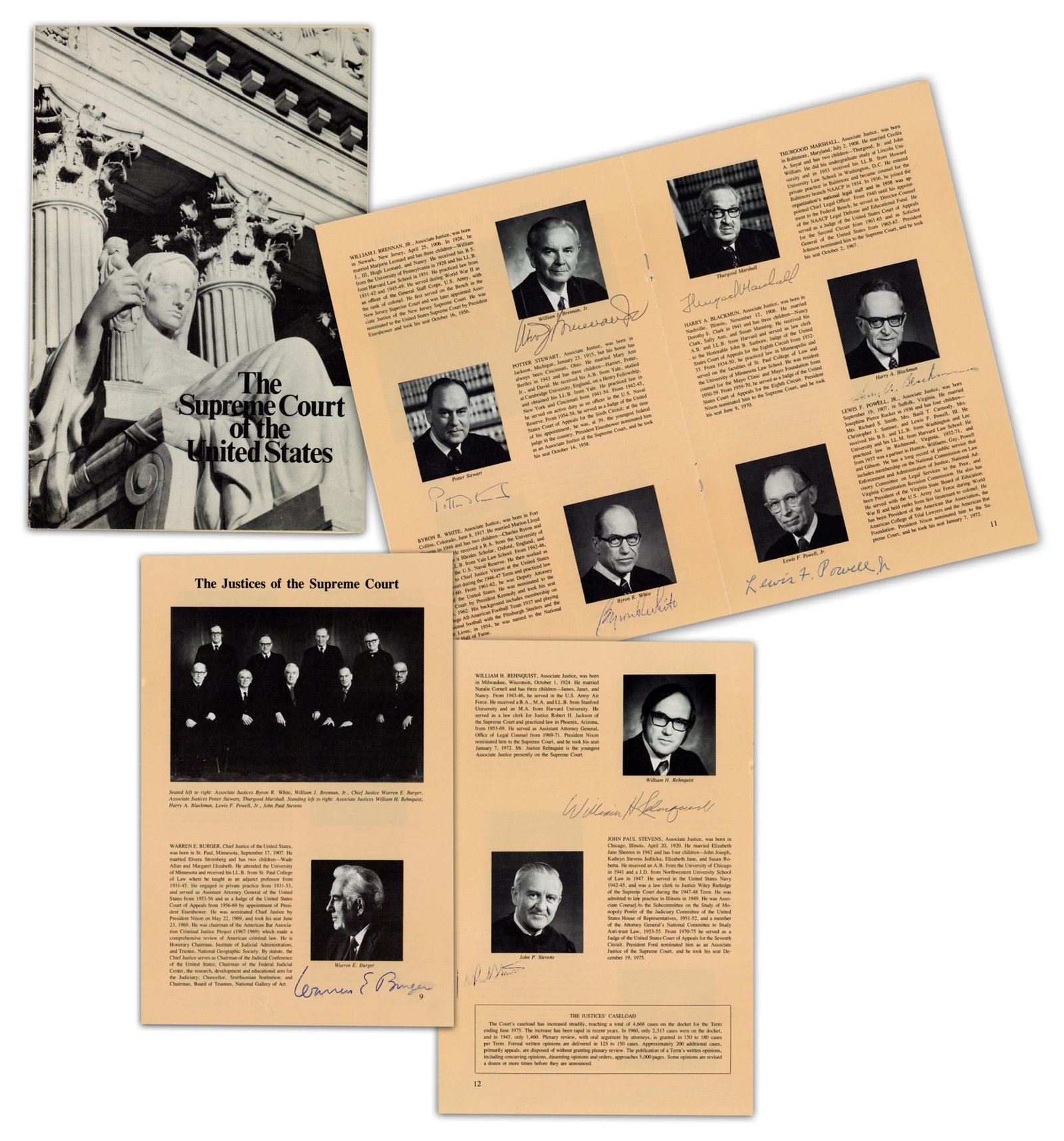 Warren Burger Court Justices in Bicentennial Supreme Court Booklet, 7 Live Sigs., With JSA LOA: Warren Burger Court [Washington, DC], n.d. but ca. 1976 Warren Burger Court Justices in Bicentennial Supreme Court Booklet, 7 Live Sigs., With JSA LOA Signed Booklet A vintage booklet entitled "The Su