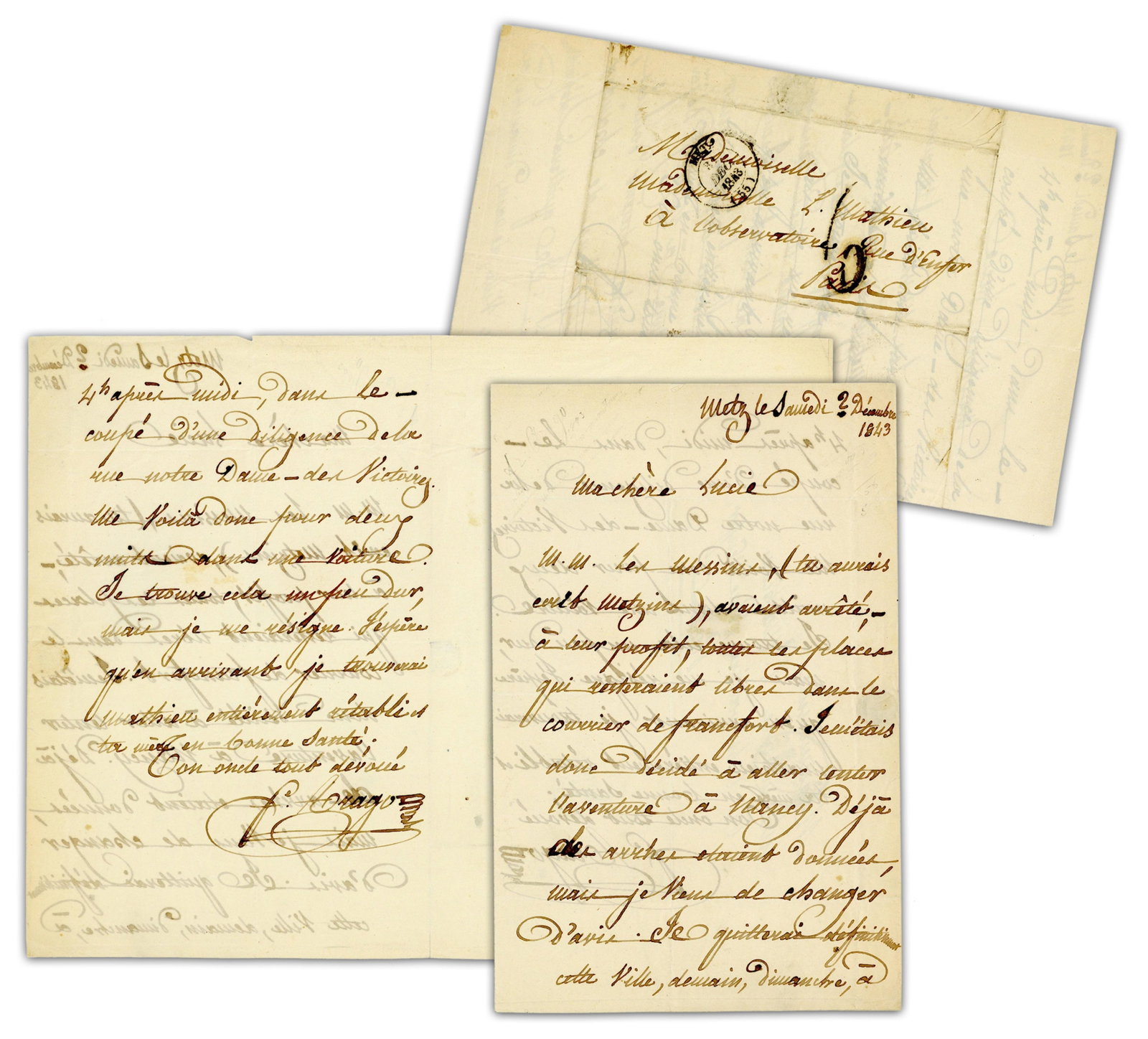 François Arago ALS Mentioning Fellow Astronomer & Brother-in-Law Claude-Louis Mathieu: François Arago Metz, France, December 2, 1843 François Arago ALS Mentioning Fellow Astronomer & Brother-in-Law Claude-Louis Mathieu ALS A 2pp autograph letter in French signed by