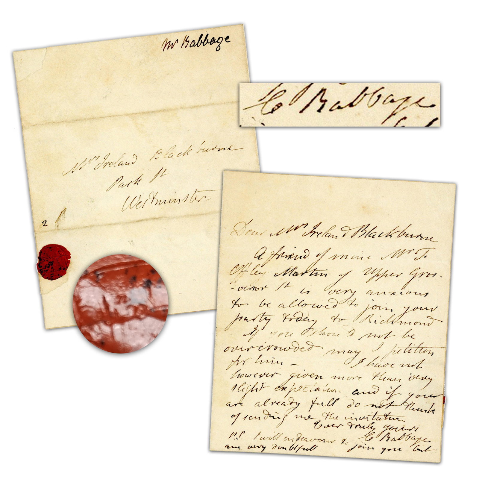 Charles Babbage ALS Pulling Strings While Developing Difference & Analytical Engines, With Rare: Charles Babbage n.p., n.d. but ca. 1820s-1840s Charles Babbage ALS Pulling Strings While Developing Difference & Analytical Engines, With Rare Mathematical Wax Seal! ALS A 1p autograph letter signed