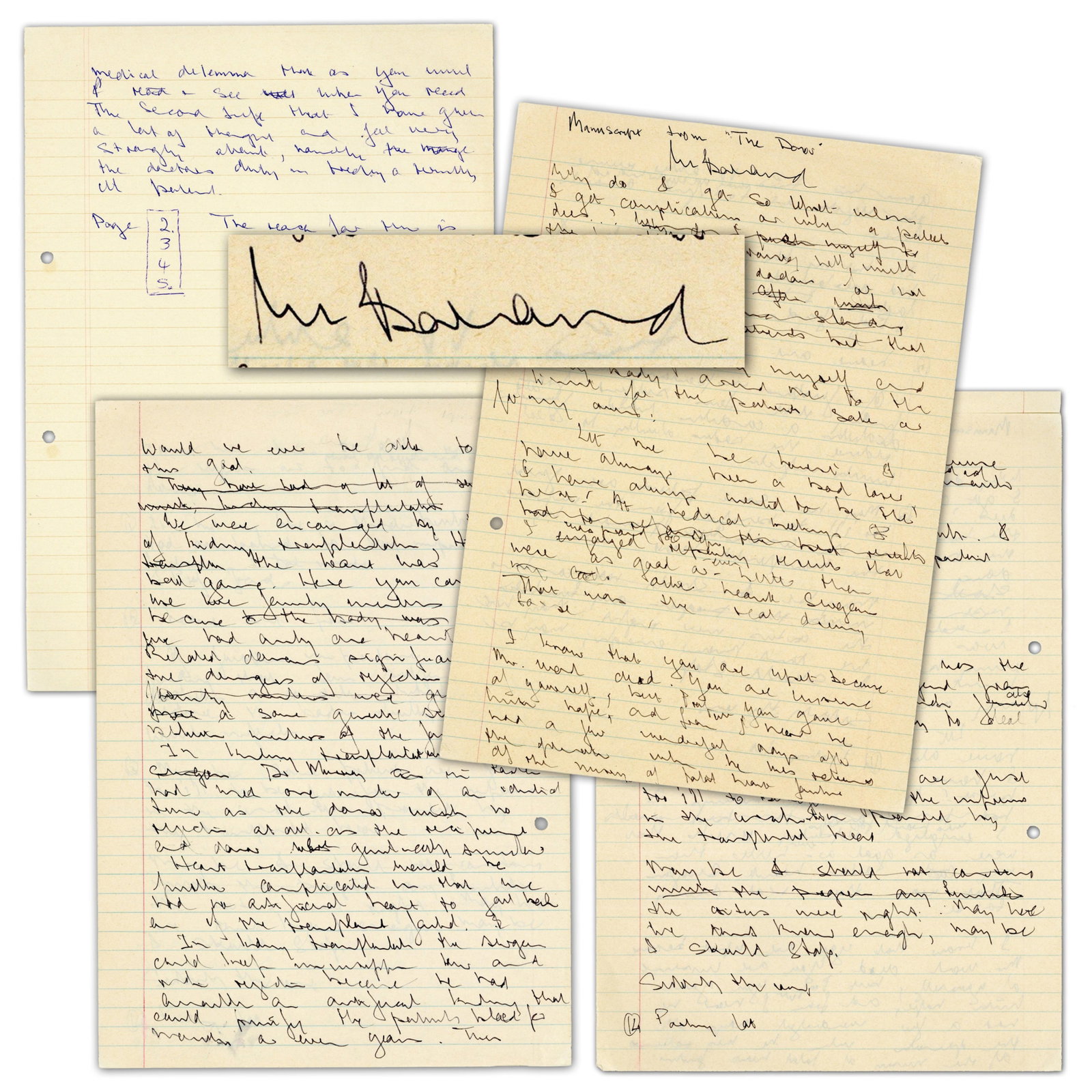 Christiaan Barnard Signed Early Manuscript For Medical Thriller "The Donor" - Hearts, Kidneys &: Christiaan Barnard n.p., n.d. Christiaan Barnard Signed Early Manuscript For Medical Thriller "The Donor" - Hearts, Kidneys & Medical Dilemmas! AMS A 4pp autograph manuscript for the medical thriller