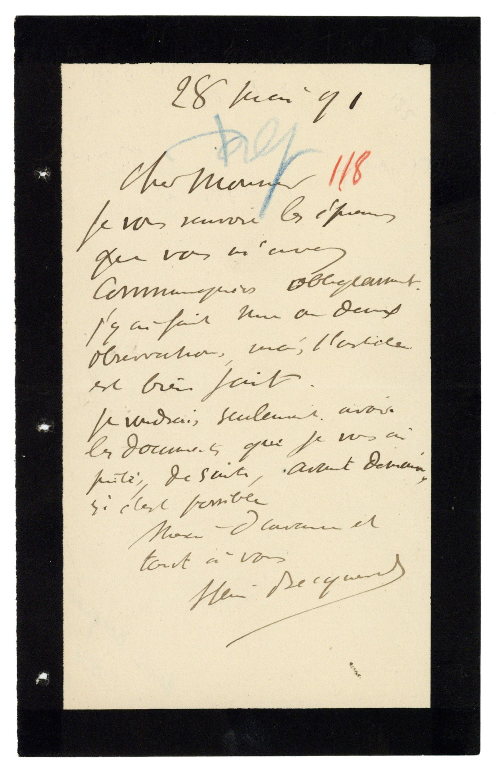 Henri Becquerel ALS With Publishing Content: Henri Becquerel n.p., May 28, 1891 Henri Becquerel ALS With Publishing Content ALS A 1p autograph letter in French signed by future Nobel Prize-winning physicist Antoine Henri Becquerel (1852-1908)