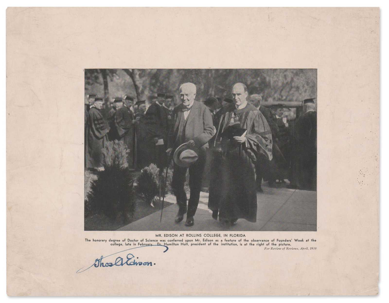 Thomas Edison SP - A “living immortal” on the Occasion of Receiving an Honorary Degree!: Thomas Edison Winter Park, FL, ca.1930 Thomas Edison SP - A “living immortal” on the Occasion of Receiving an Honorary Degree! Signed photograph Thomas Edison signed printed photograph.