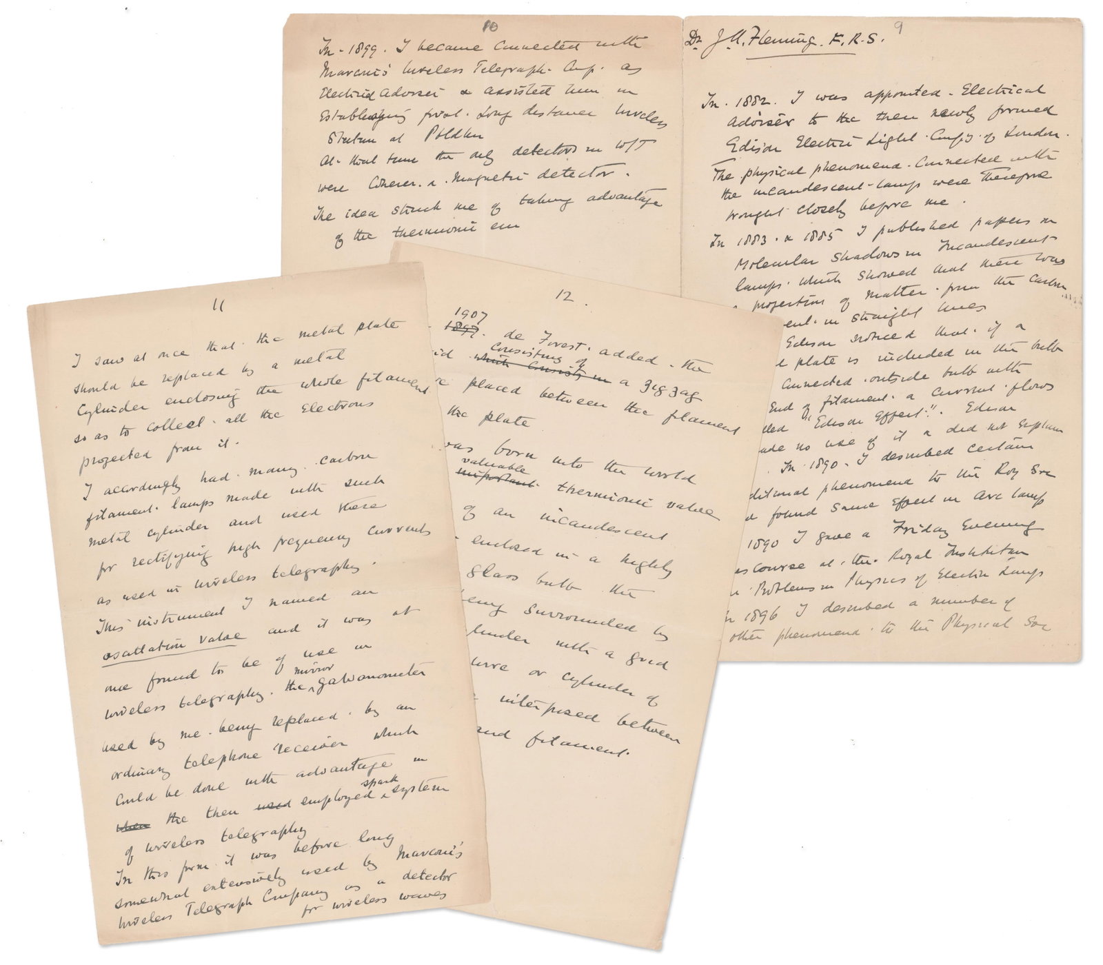 J.A. Fleming Describes his Work Alongside Edison, Marconi, & de Forest in Developing Wireless: John A. Fleming n.p., ca. 1930s J.A. Fleming Describes his Work Alongside Edison, Marconi, & de Forest in Developing Wireless Telegraphy AMS John Ambrose Fleming autograph manuscript signed. 4pp,