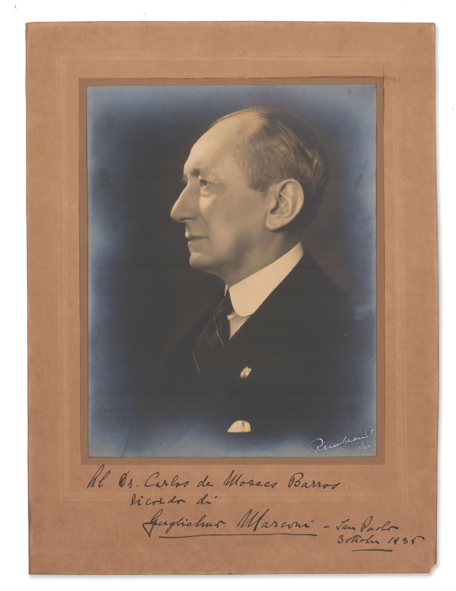Marconi SP by a Rio, Brazil Studio Taken in the Last Years of His Life: Guglielmo Marconi Sao Paolo, Brazil, October 3, 1935 Marconi SP by a Rio, Brazil Studio Taken in the Last Years of His Life SP Guglielmo Marconi inscribed and signed silver gelatin photograph. Print