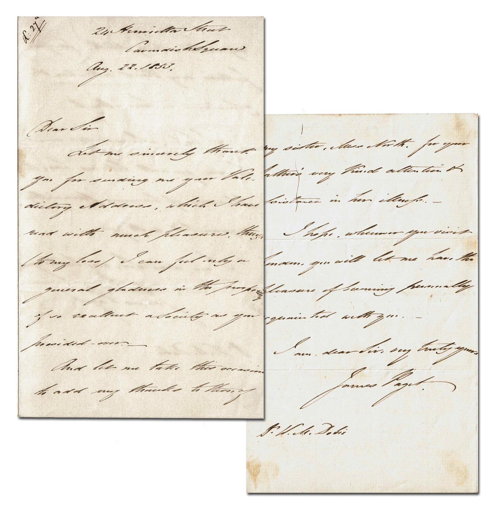 English Surgeon & Pathologist James Paget ALS: James Paget London, England, August 22, 1853 English Surgeon & Pathologist James Paget ALS ALS James Paget (1814-1899). Autograph letter signed, "James Paget," 2pp, on bifold stationery measuring