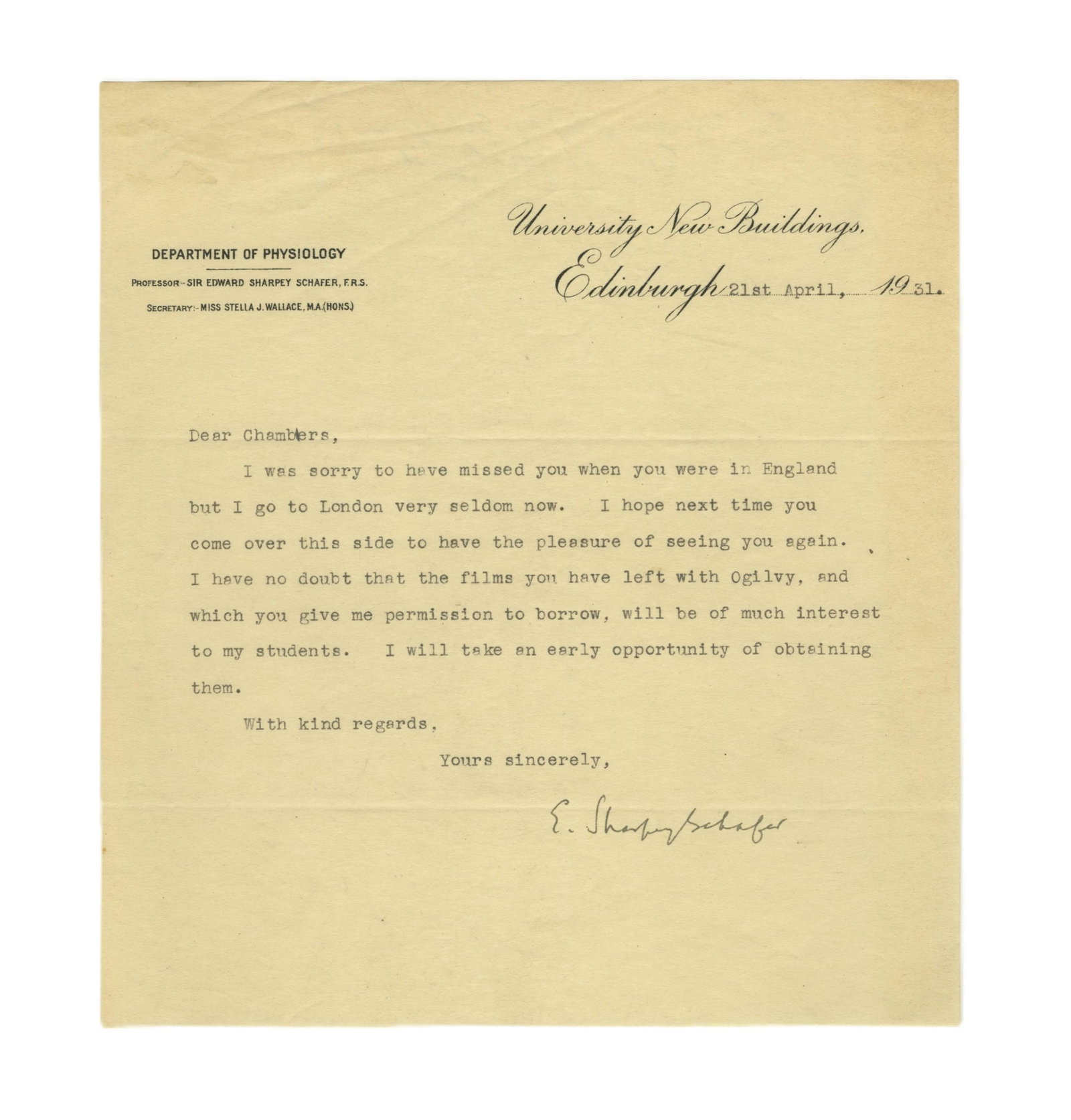 Edward Sharpey-Schafer TLS to Fellow Scientist (1 of 2)
