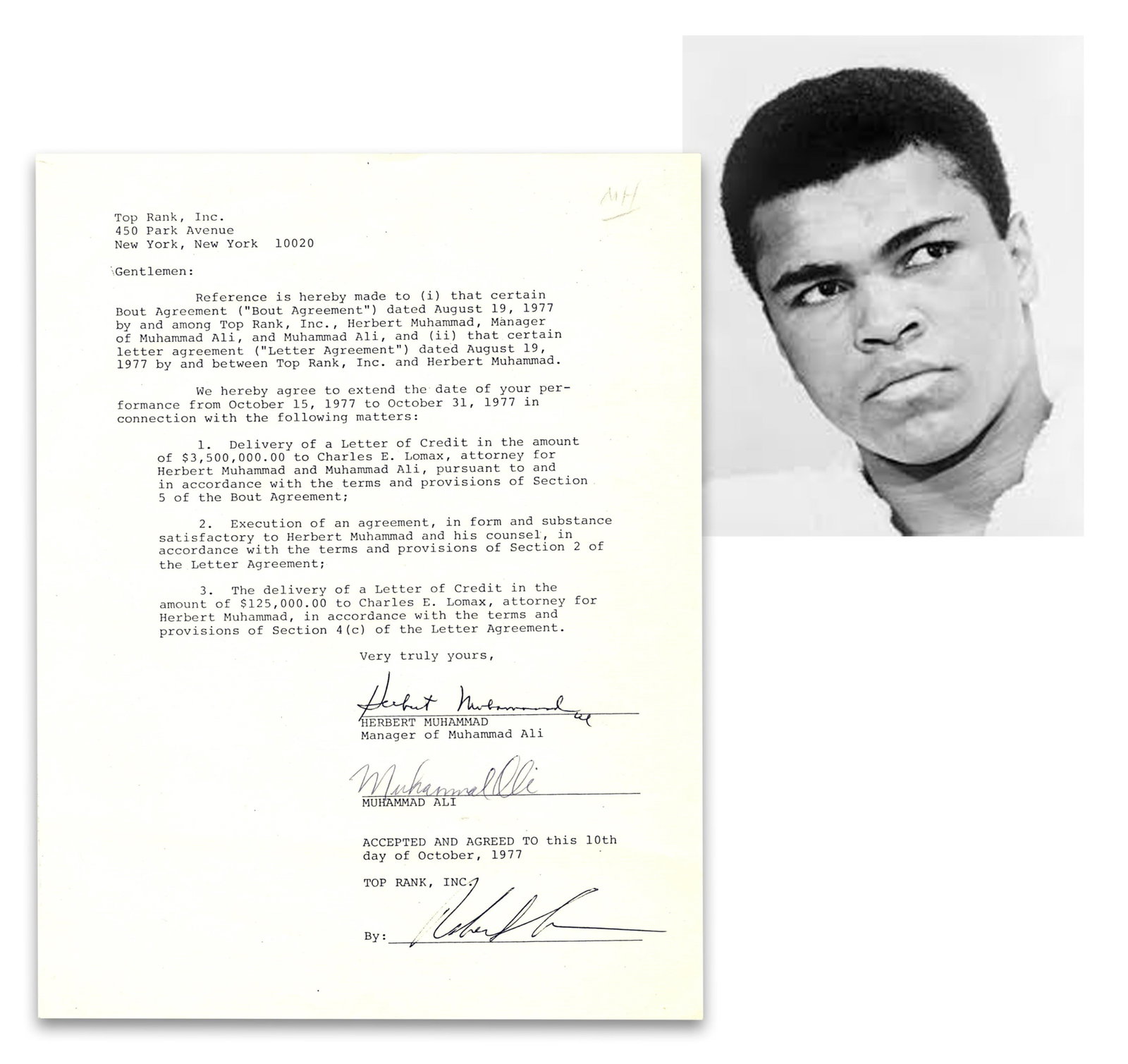 Muhammad Ali Extends a "Bout Agreement" Following Win Over Earnie Shavers: Muhammad Ali New York, NY, October 10, 1977 Muhammad Ali Extends a "Bout Agreement" Following Win Over Earnie Shavers TDS An extension letter for a previous "bout agreement" between Muhammad Ali and