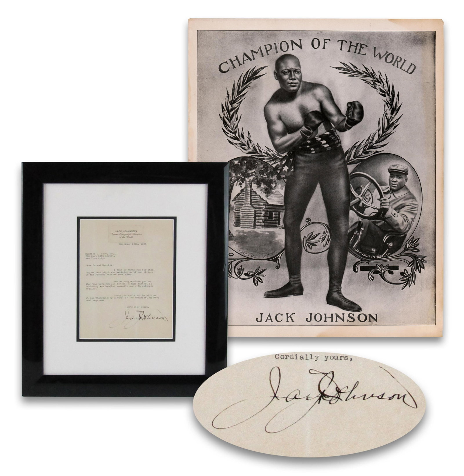 Jack Johnson "Champion of the World" Lithograph & TLS: Jack Johnson various, various Jack Johnson "Champion of the World" Lithograph & TLS TLS An oversized lithographic print of boxer Jack Johnson in a fighter's stance with an American flag tied around