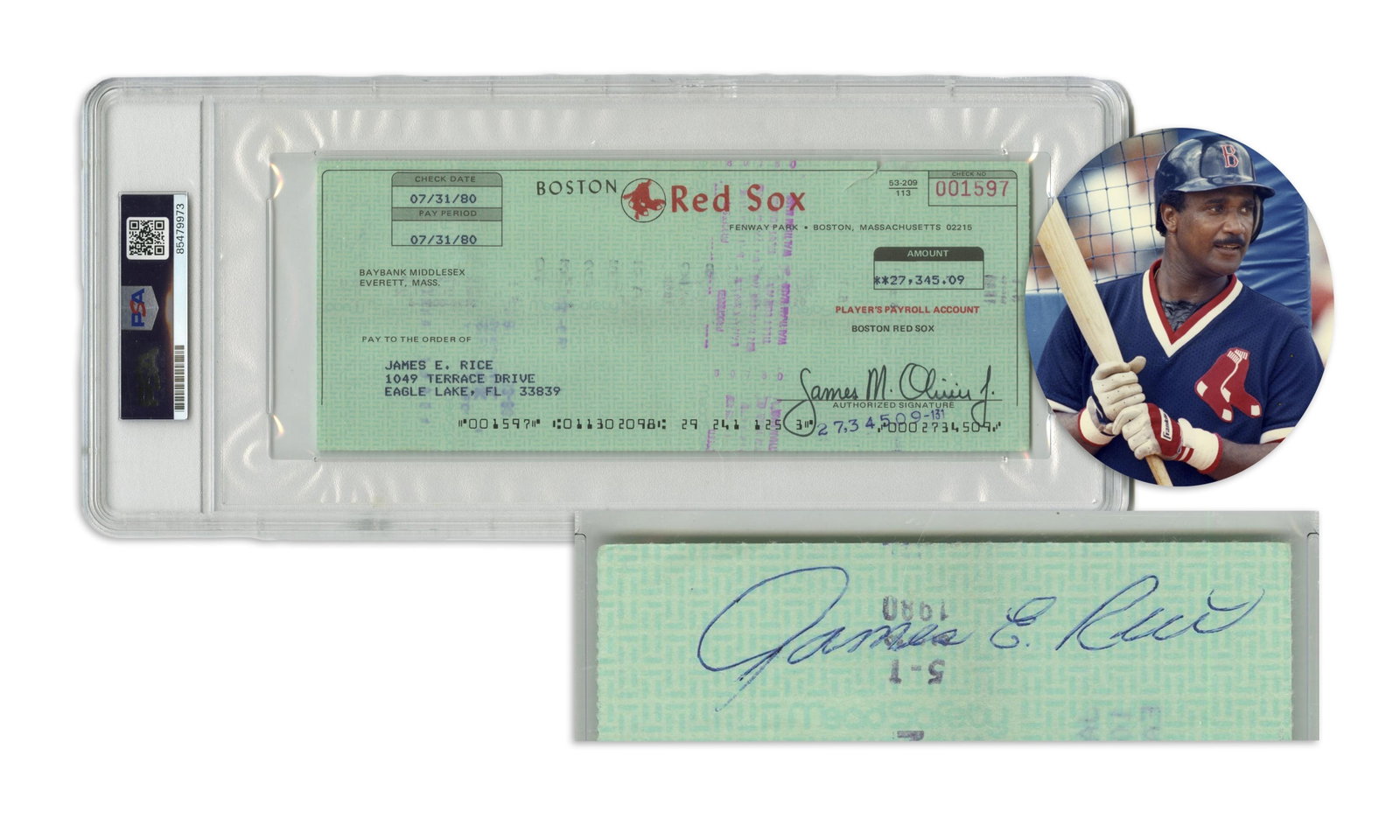 Jim Rice Signed Payroll Check (1 of 3)