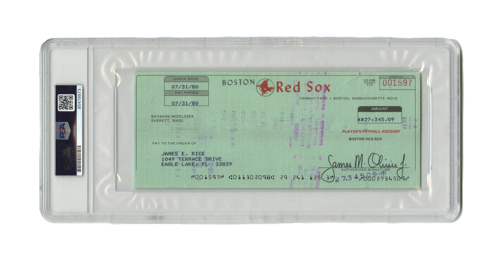 Jim Rice Signed Payroll Check - 2