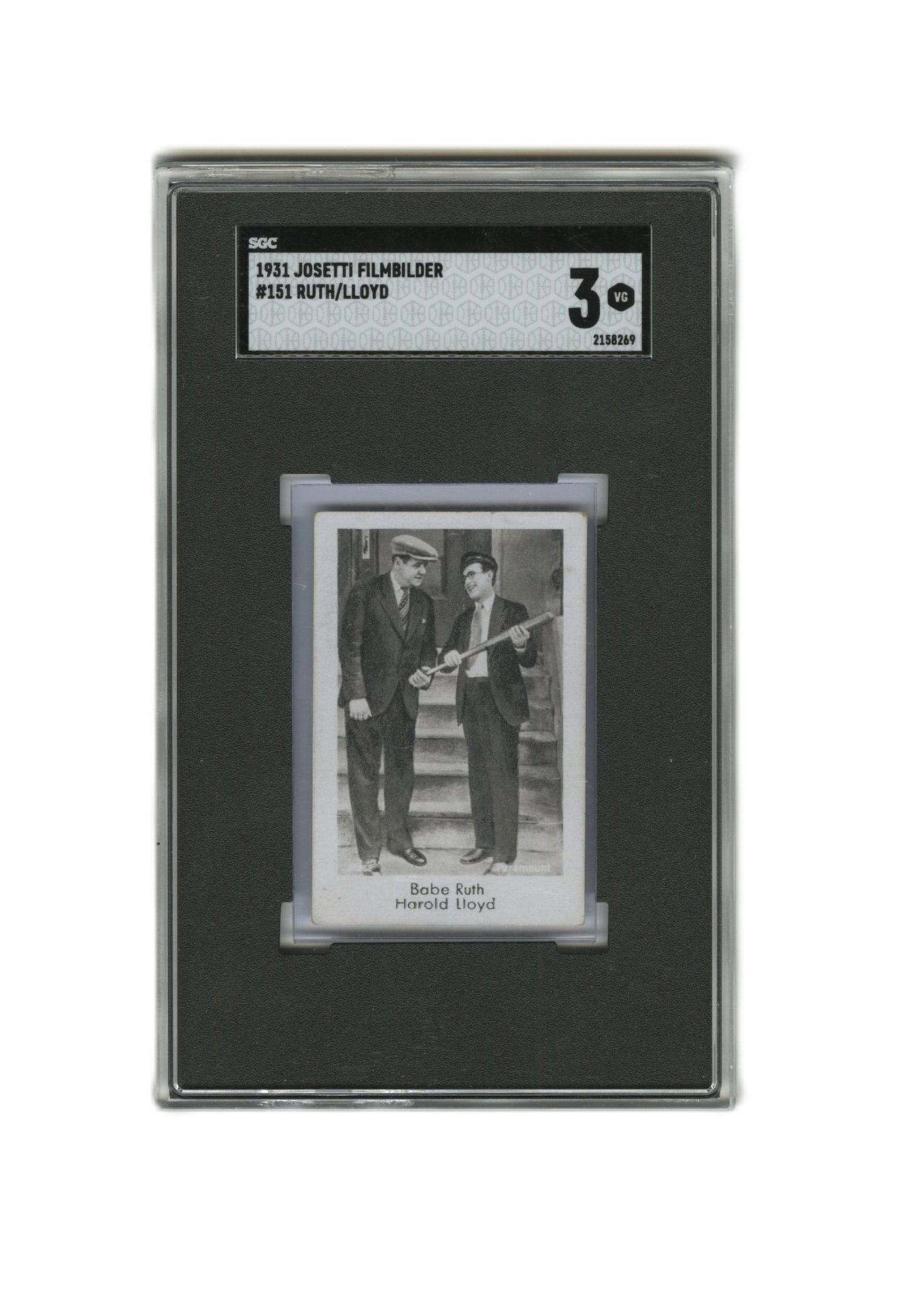 Babe Ruth 1931 Card w/ Harold Lloyd SGC Slab: Babe Ruth n.p., ca. 1931 Babe Ruth 1931 Card w/ Harold Lloyd SGC Slab Photograph Babe Ruth (1895-1948). Interesting real-photo card issued in Germany by Josetti Tobacco featuring New York Yankees