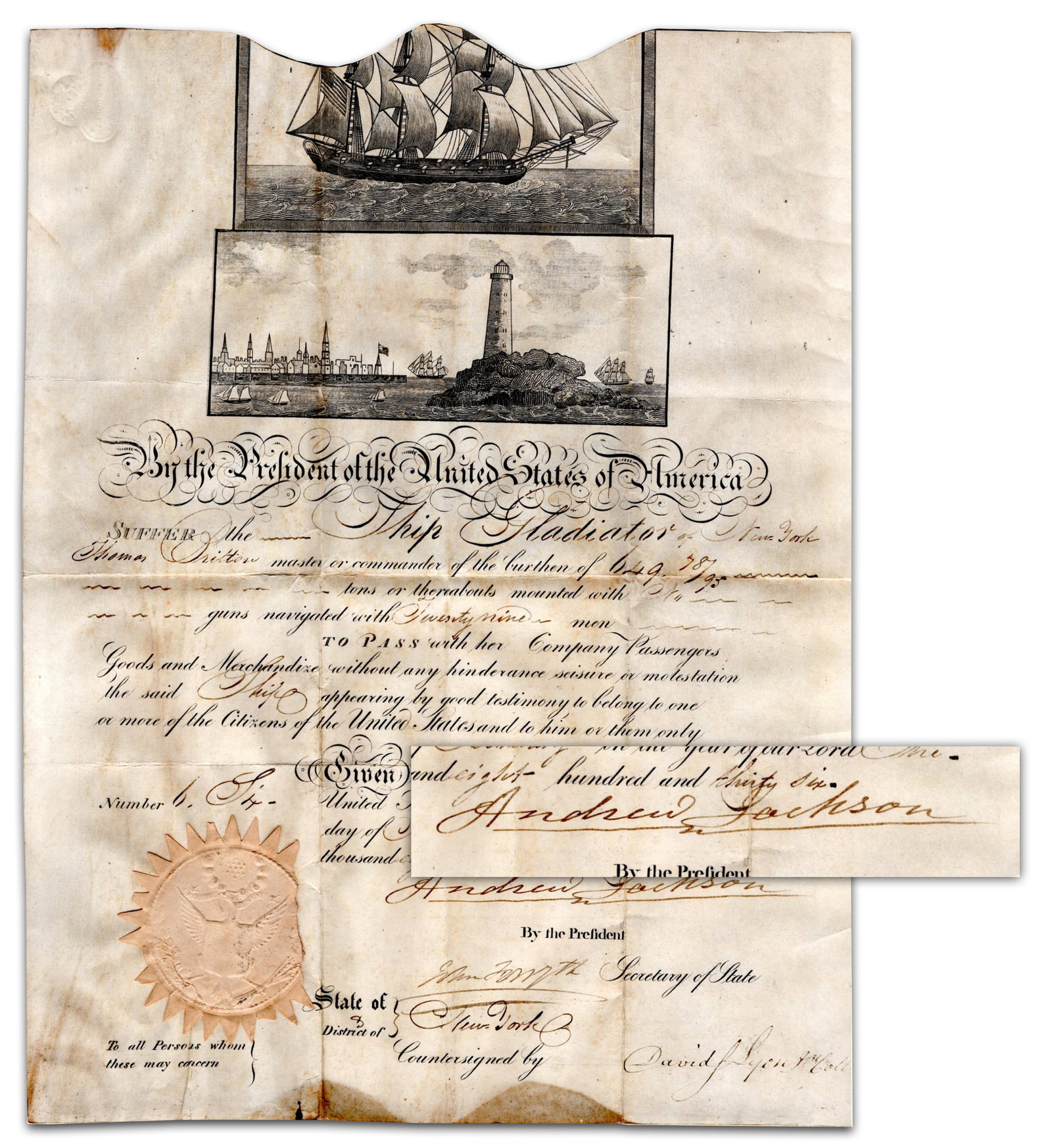 Andrew Jackson Signed Ship’s Passport Co-signed by John Forsyth (1 of 3)