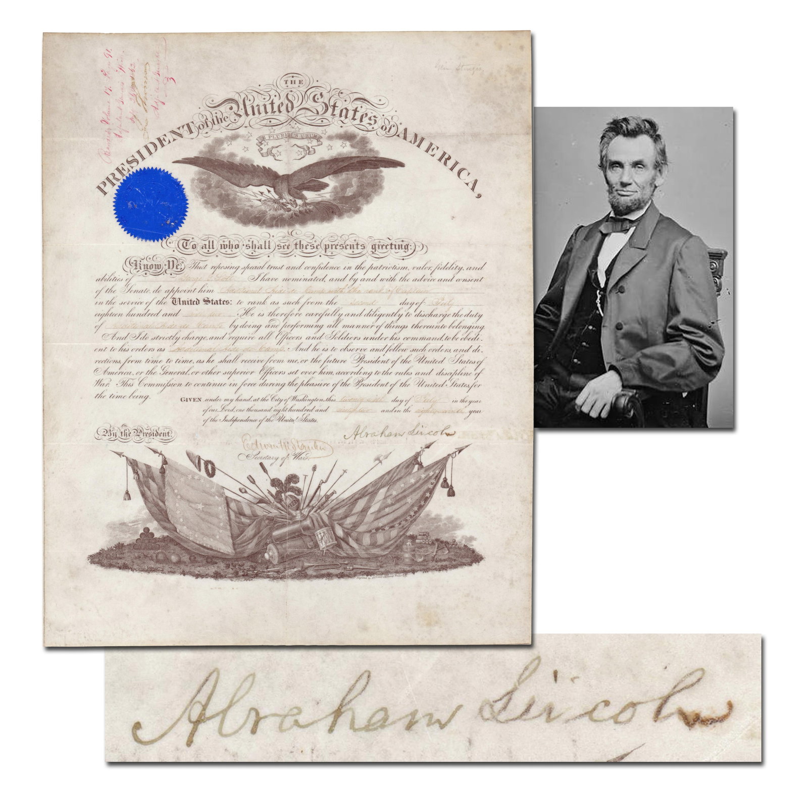 Lincoln Civil War Presidential Appointment of Union Officer as Aide-de-Camp to Oldest General on (1 of 4)
