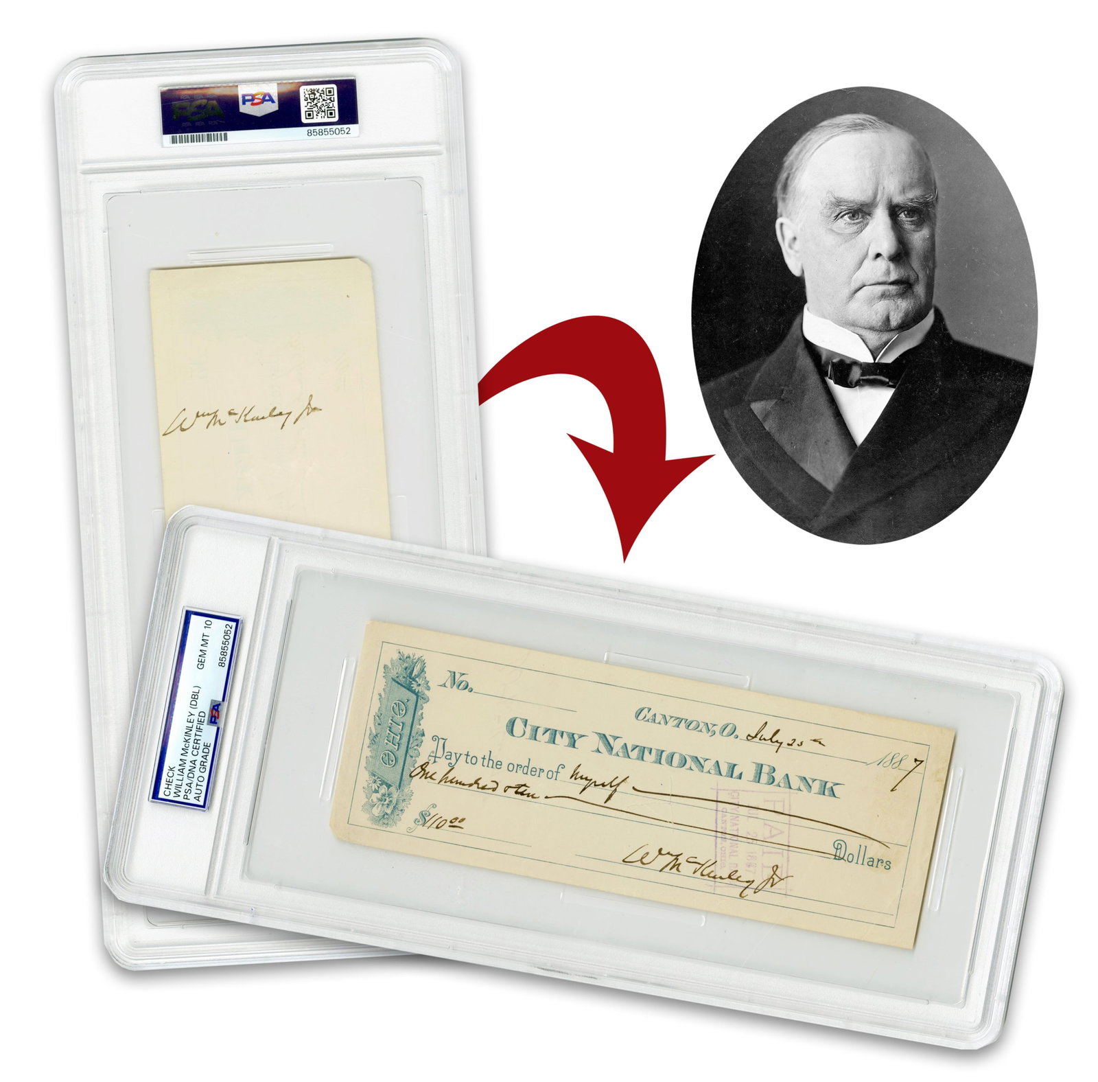 William McKinley PSA Slabbed GEM MT 10 Twice Signed Check, JSA LOA: William McKinley Canton, OH, July 25, 1887 William McKinley PSA Slabbed GEM MT 10 Twice Signed Check, JSA LOA Signed check A check from the City National Bank of Canton, twice signed by the future Pre