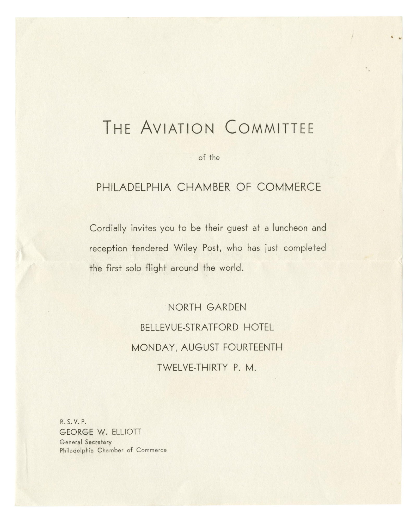 Wiley Post Luncheon Invitation Honoring First Solo Flight Around the World (1 of 2)