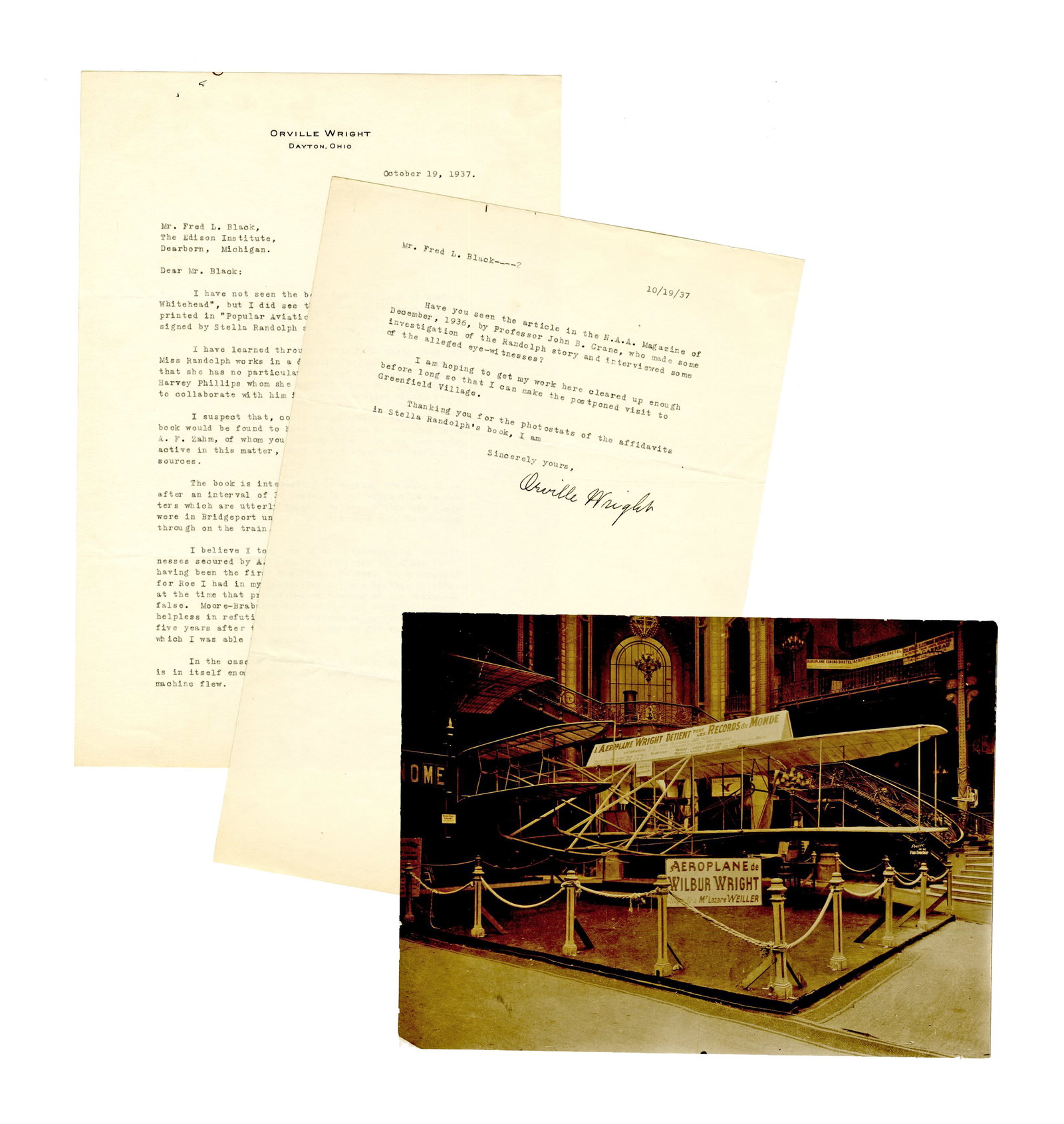 O. Wright TLS "first to...fly" Incredible Letter About Dawn of Flight: Orville Wright Dayton, OH, October 19, 1937 O. Wright TLS "first to...fly" Incredible Letter About Dawn of Flight TLS A typed letter signed by Orville Wright in which he responds to a controversial cl