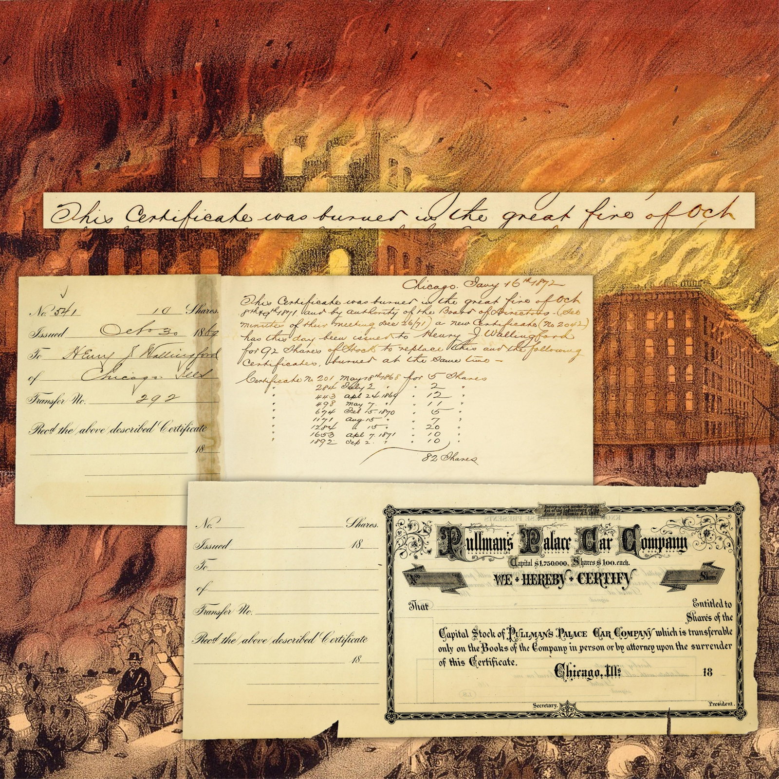 Great Chicago Fire - Pullman's Palace Car Co. Stock Cert Officially Reissued To Replace Originals (1 of 4)