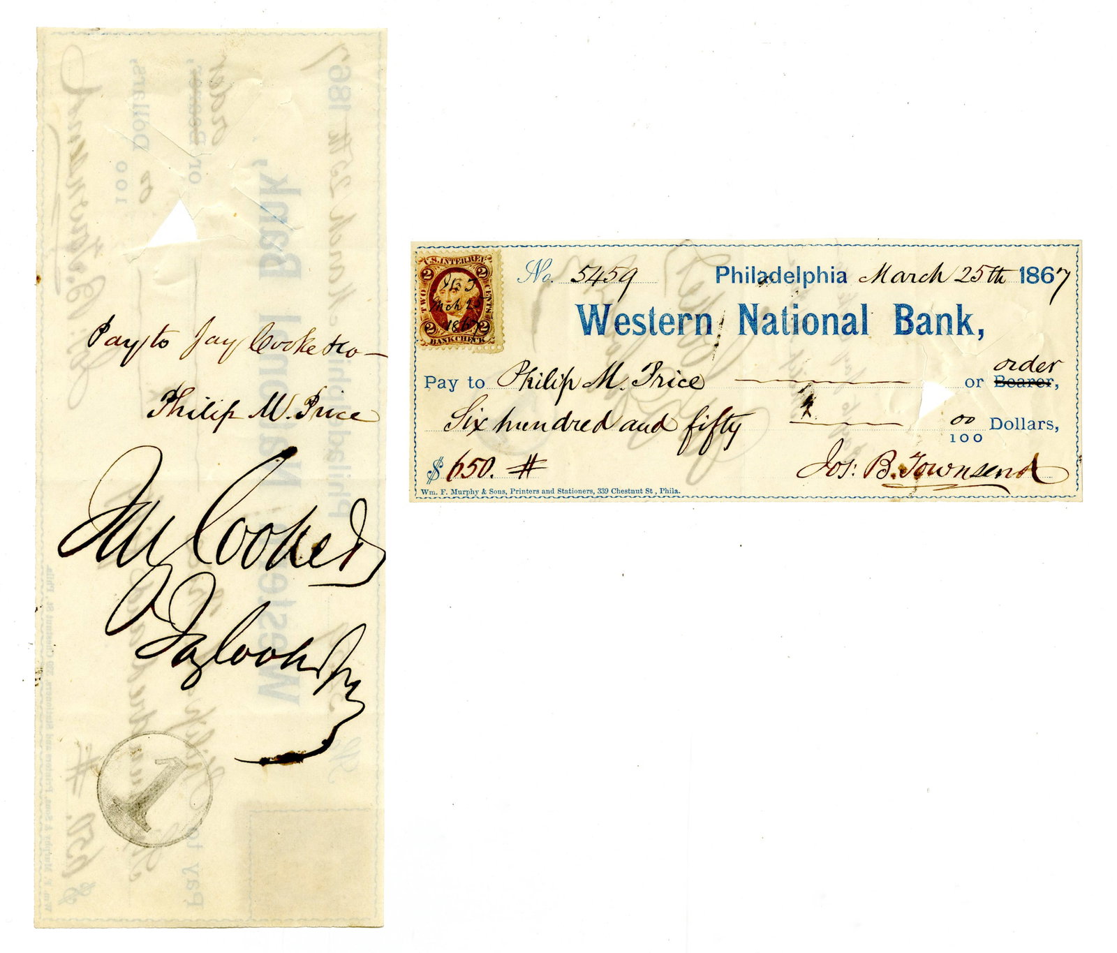 Jay Cooke, Jr. Endorsed Check, 1867 (1 of 4)