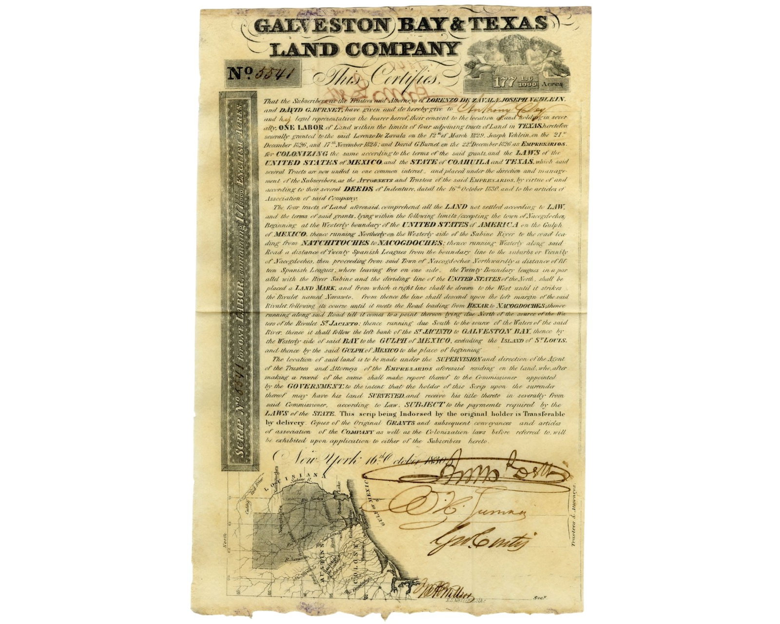 Rare Galveston Bay & Texas Land Company Labor Scrip: Galveston Bay & Texas Land Company New York, NY, October 16, 1830 Rare Galveston Bay & Texas Land Company Labor Scrip Partially printed DS An official document issued by the Galveston Bay & Texas Land