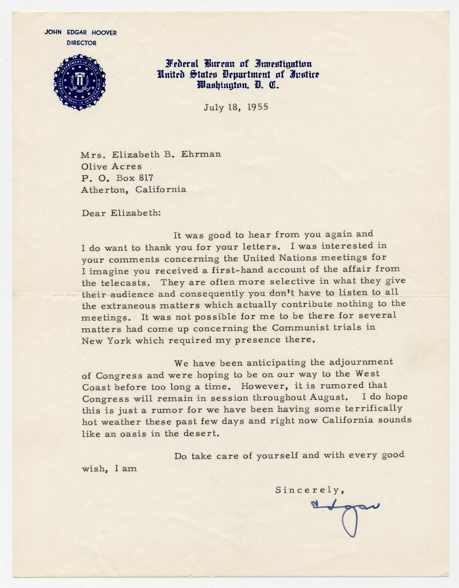 J. Edgar Hoover TLS: "… the Communist trials in New York … required my presence there": J. Edgar Hoover [Washington, DC], July 18, 1955 J. Edgar Hoover TLS: "… the Communist trials in New York … required my presence there" TLS A 1p typed letter signed by J. Edgar Hoover (1895