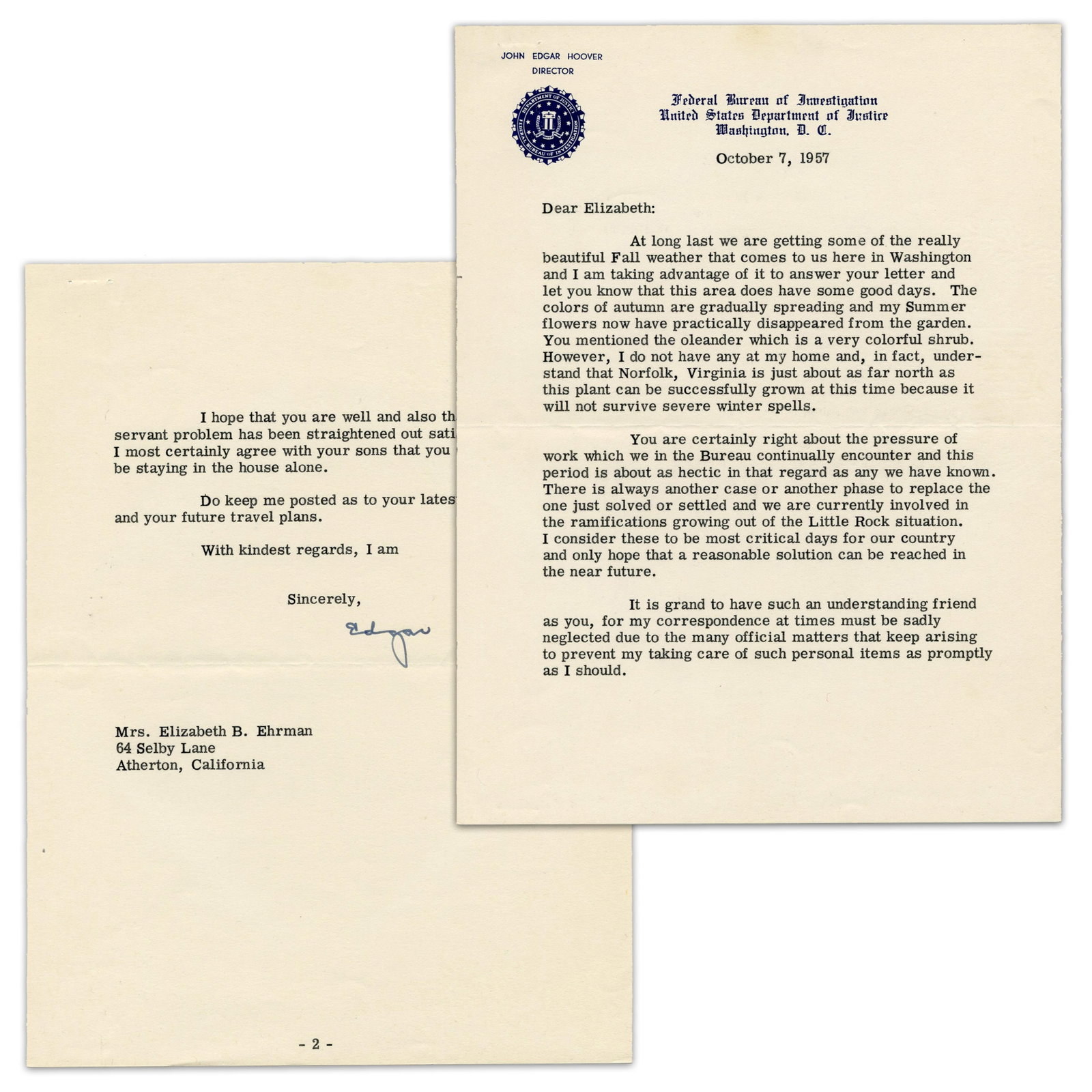 J. Edgar Hoover TLS: 1957 "the Little Rock situation" Great Civil Rights, Integration Content: J. Edgar Hoover [Washington, DC], October 7, 1957 J. Edgar Hoover TLS: 1957 "the Little Rock situation" Great Civil Rights, Integration Content TLS A 2pp typed letter signed by J. Edgar Hoover (1895-1