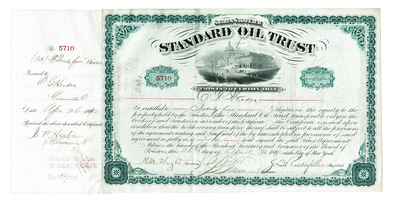 Rockefeller & Flagler Signed Green Standard Oil Stock Certificate (1 of 4)