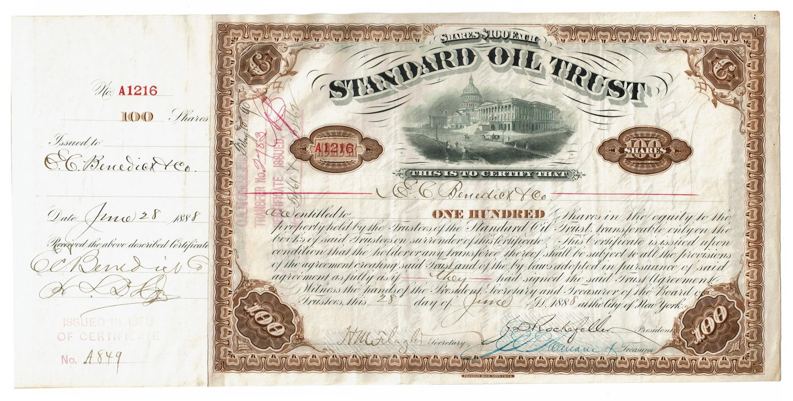 Rockefeller & Flagler Signed Scarce Brown Standard Oil Stock Certificate (1 of 4)